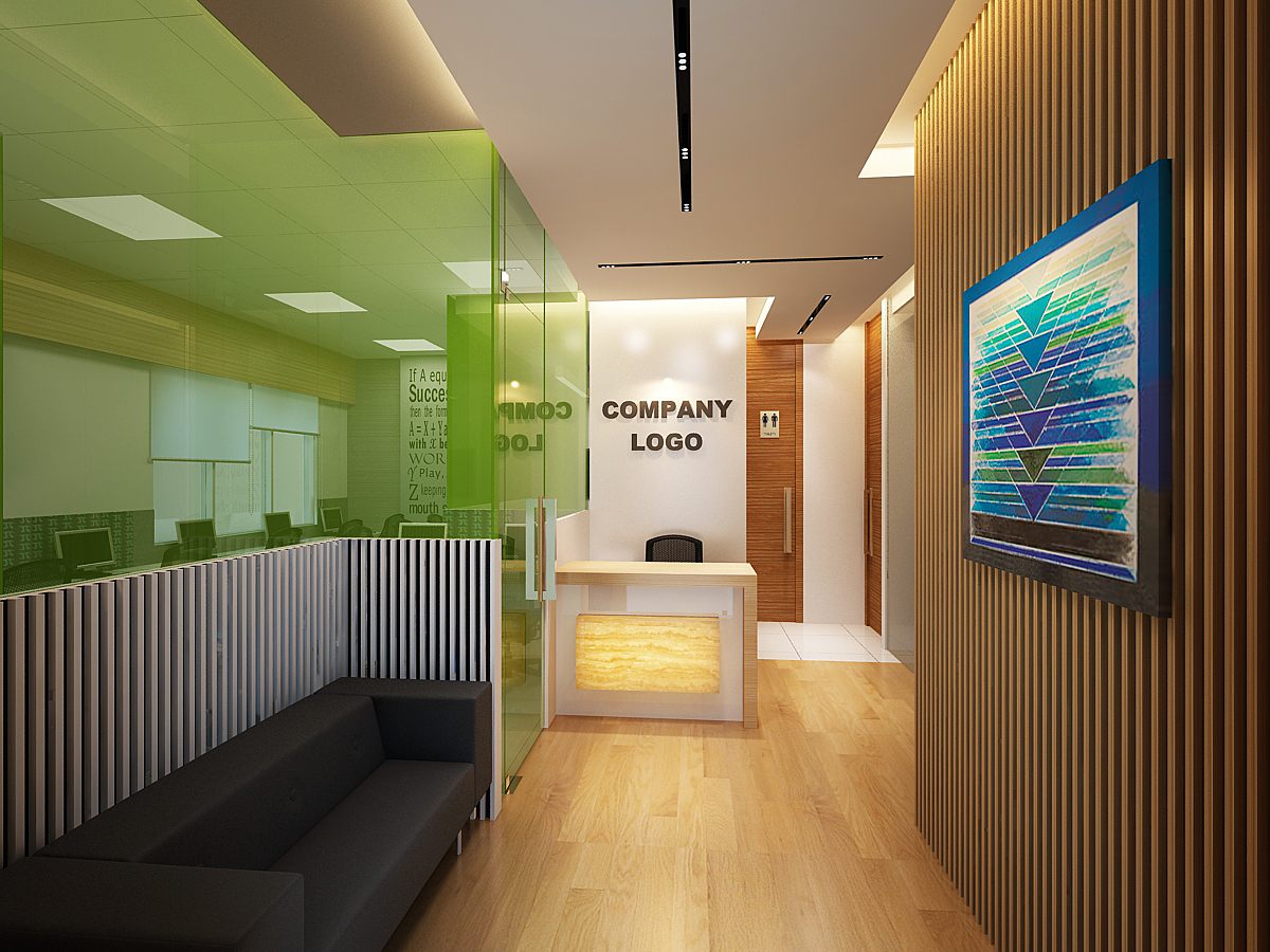 Warm reception corridor with green glass conference room, slatted wood wall and framed abstract art.