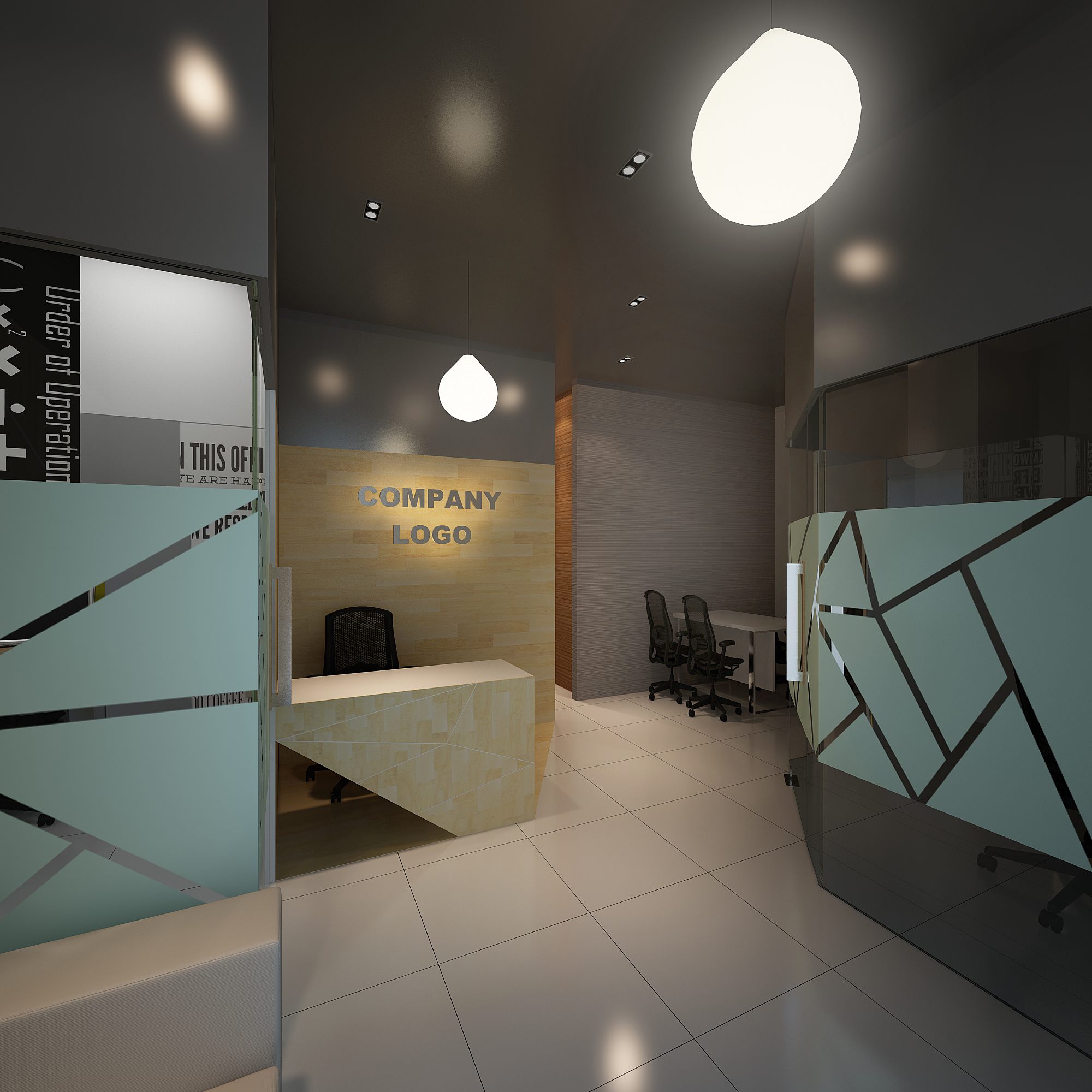 Reception view with stone desk, etched-glass partitions and a small meeting table beyond.