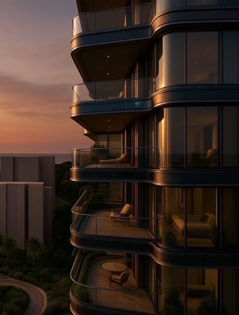 Dusk render close-up of the apartment building's stacked curved balconies.