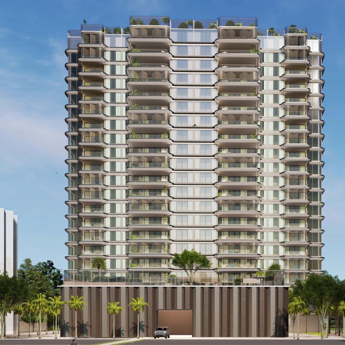 Daytime full-elevation render of the slender white residential tower.