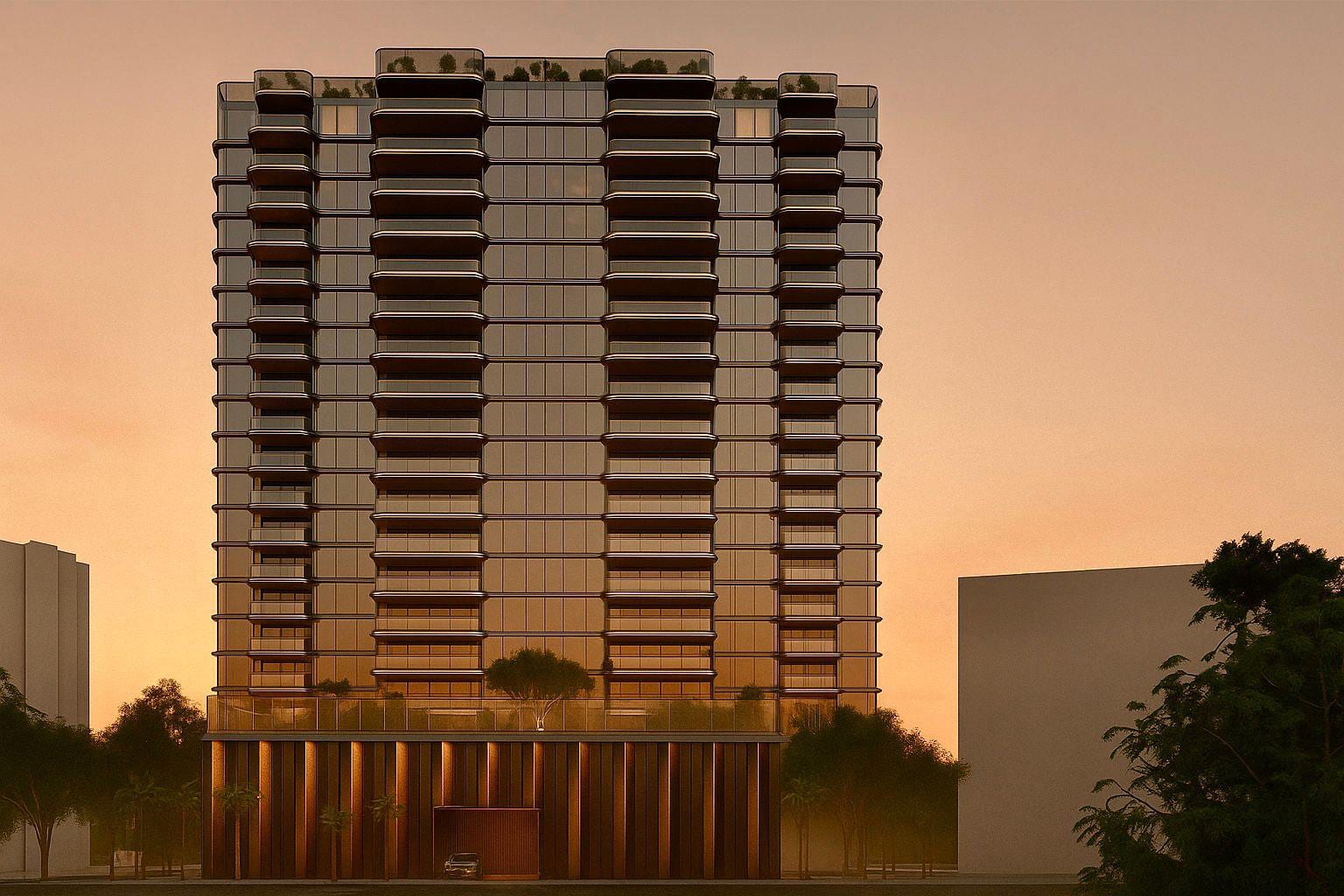 Dusk render of the residential tower rising above its podium base.
