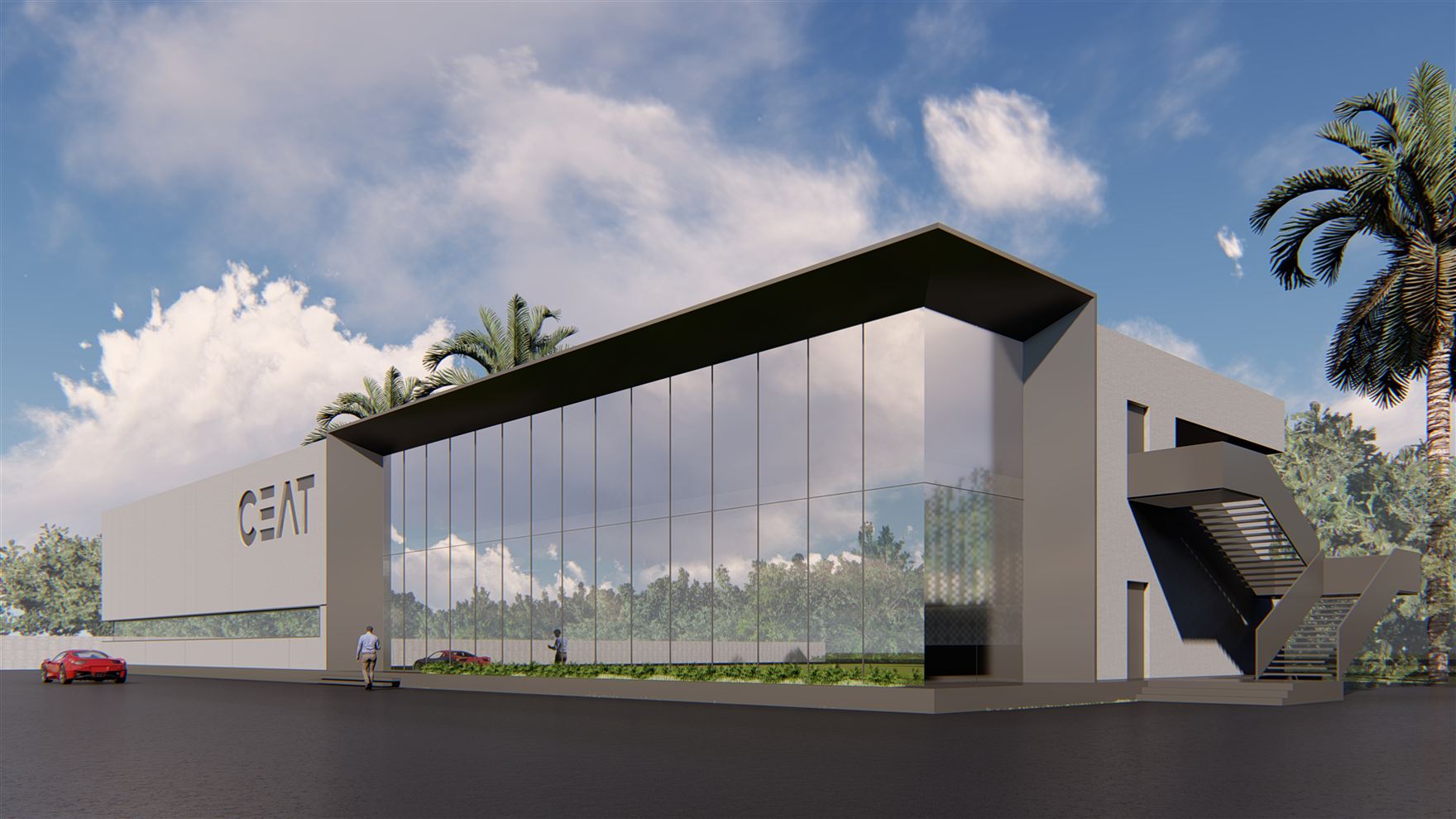 Three-quarter view of the glazed two-storey office wing with external steel staircase and CEAT signage on the side wall.
