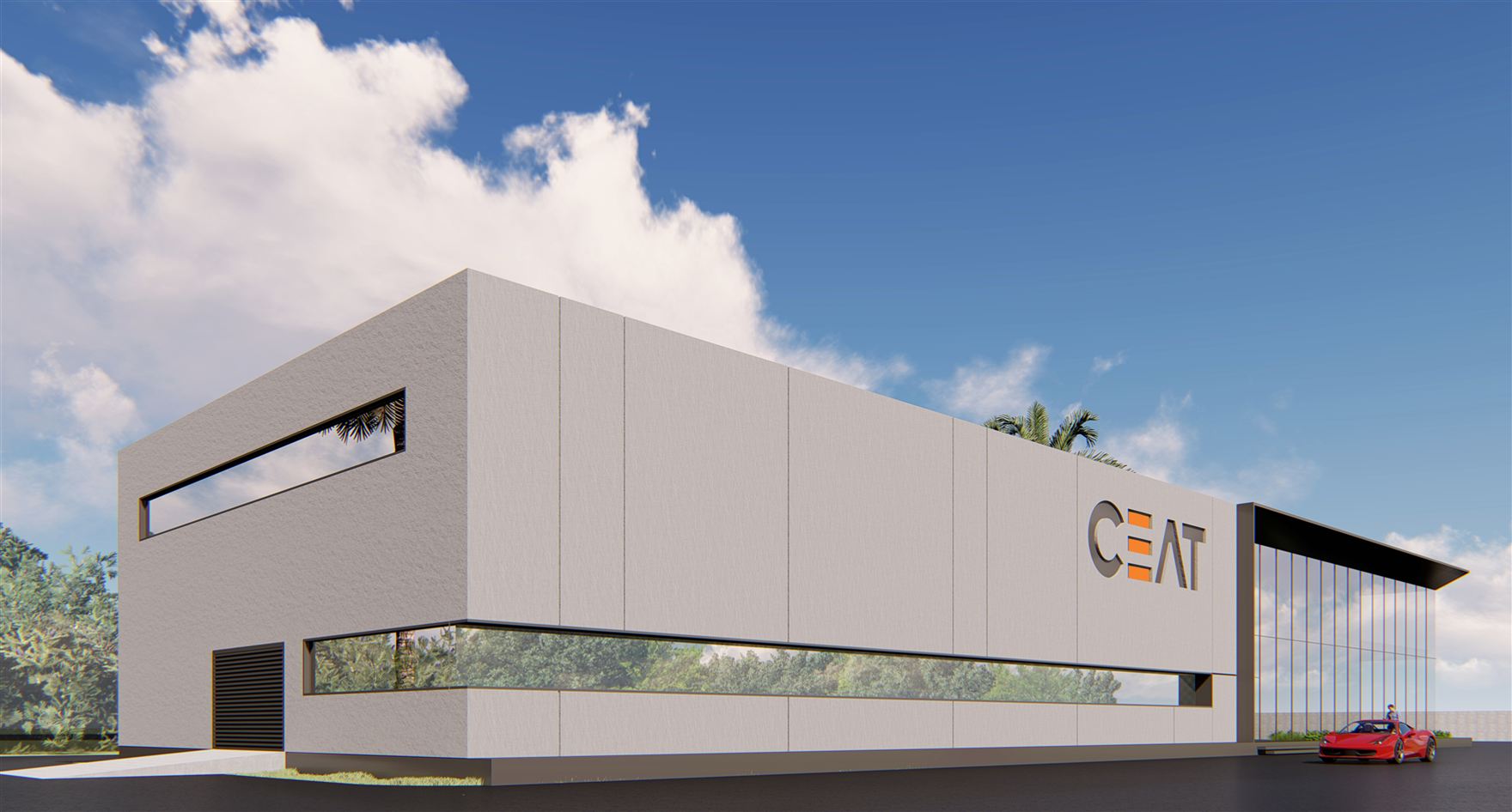 Corner render showing the long white industrial volume with ribbon glazing wrapping to the branded glazed entrance.