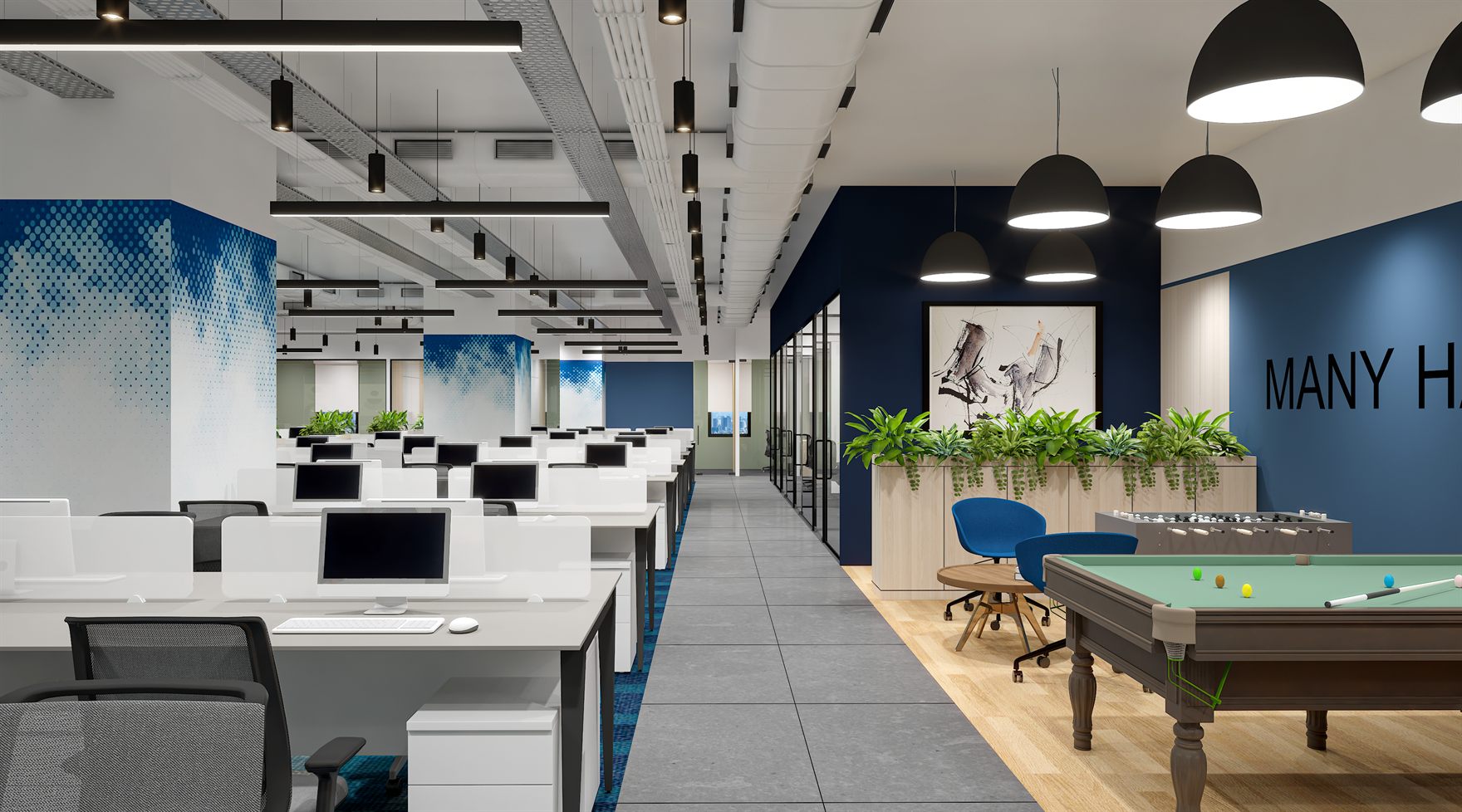 Breakout zone with a green pool table and foosball table, black dome pendants, a navy wall with MANY HANDS text and greenery planters beside the open workstations