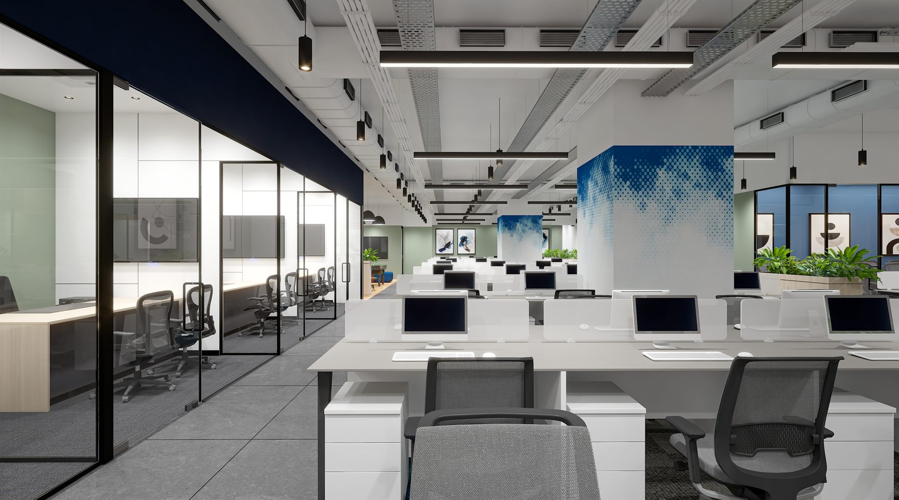 Open floor with white desks and monitors, glass cabin partitions, a navy soffit and a blue halftone-graphic column beneath linear ceiling lights