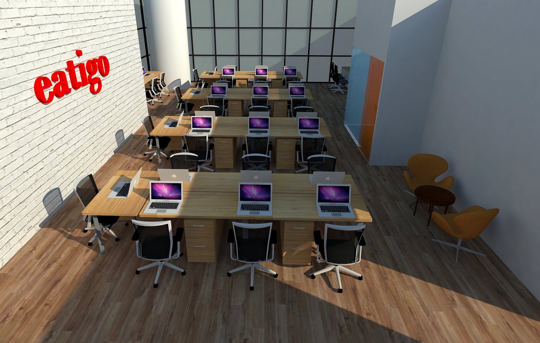 Sunlit eye-level view of workstations beside the red eatigo brick wall