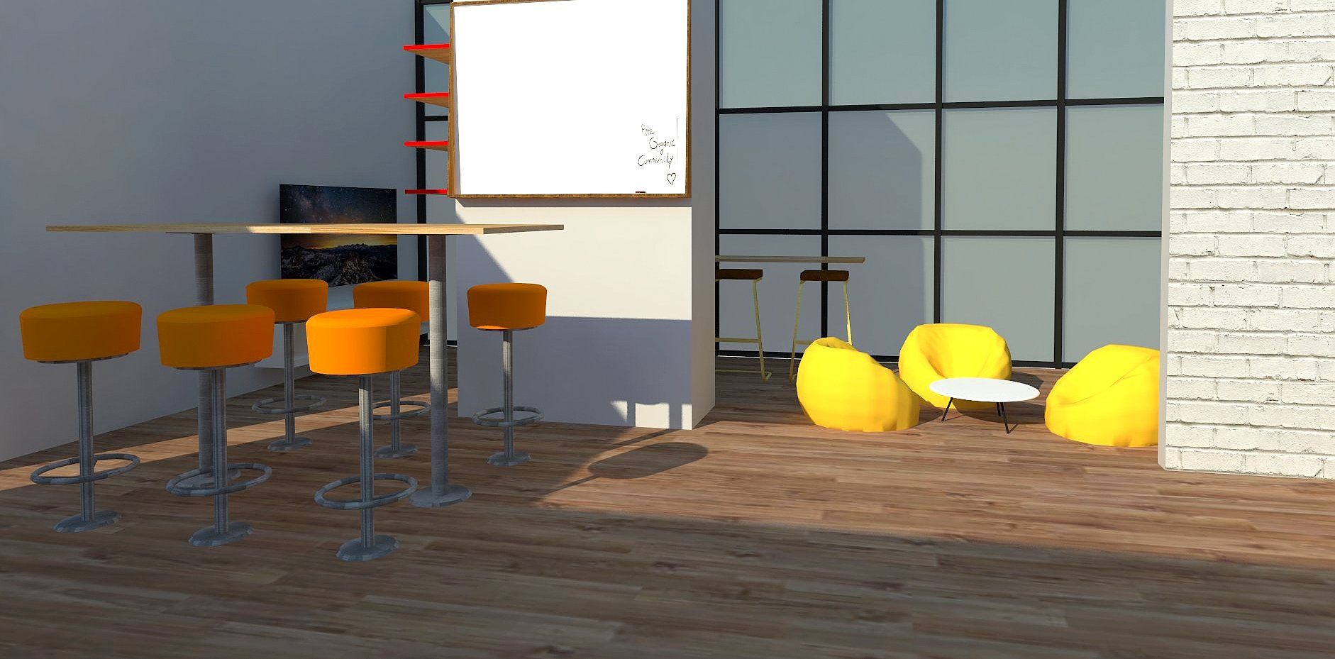 Breakout zone with bar stools, bean bags, whiteboard and high tables