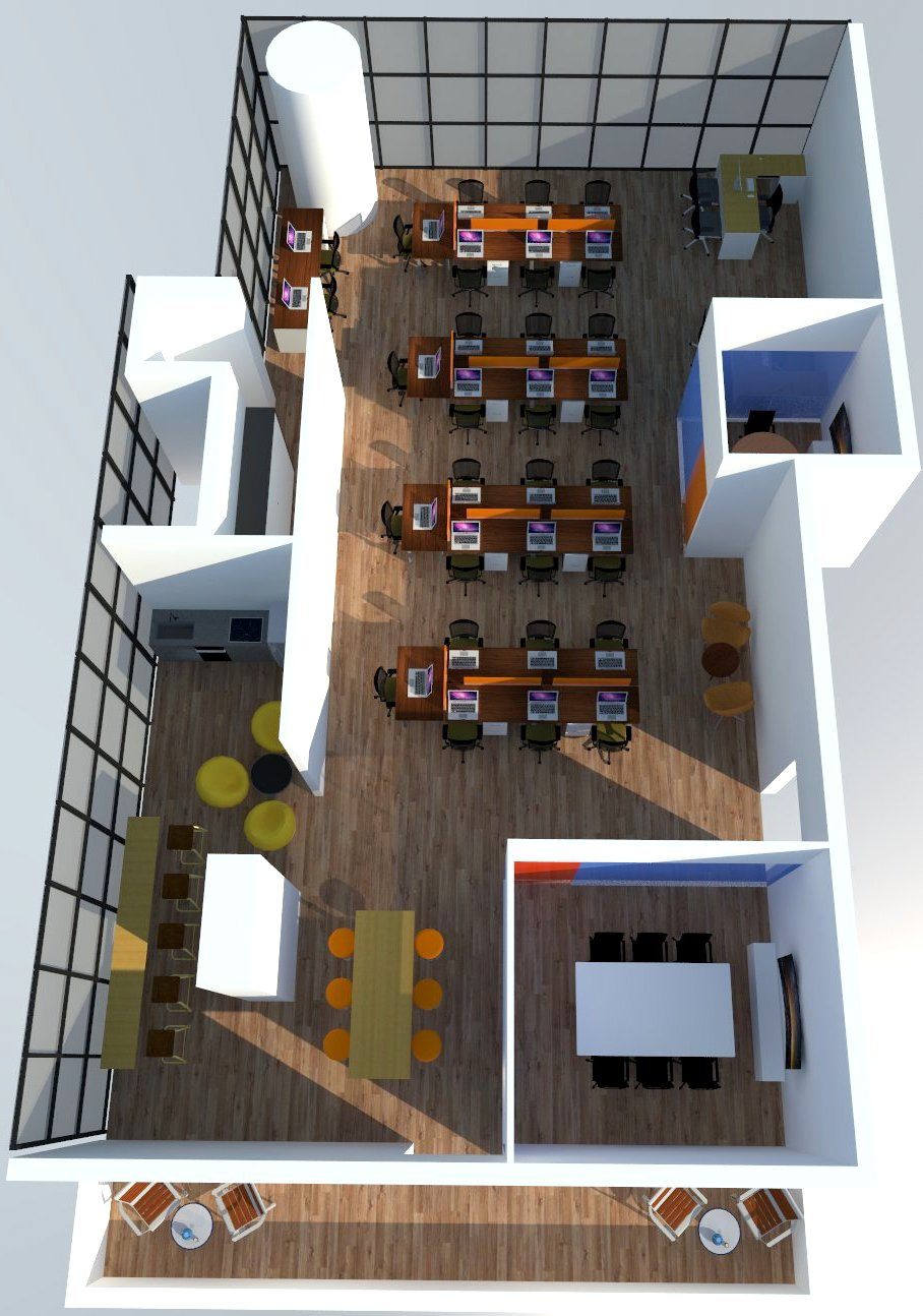 Angled aerial cutaway of the full office layout with workstation rows