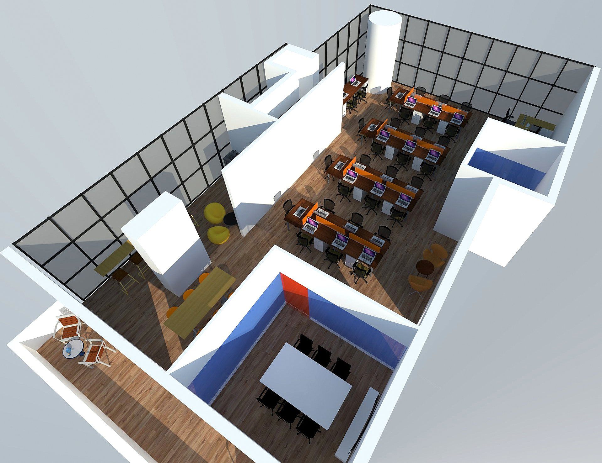 Perspective cutaway of open-plan desks and a blue-walled meeting room