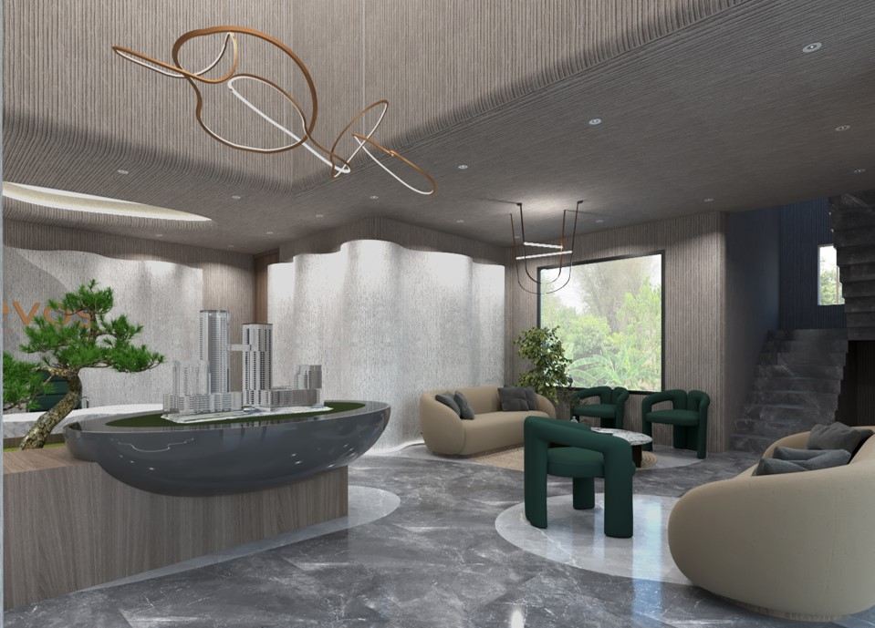 Annotated furniture floor plan showing reception, model stable, waiting lounge, cabins, meeting and conference rooms, plus a residential wing.