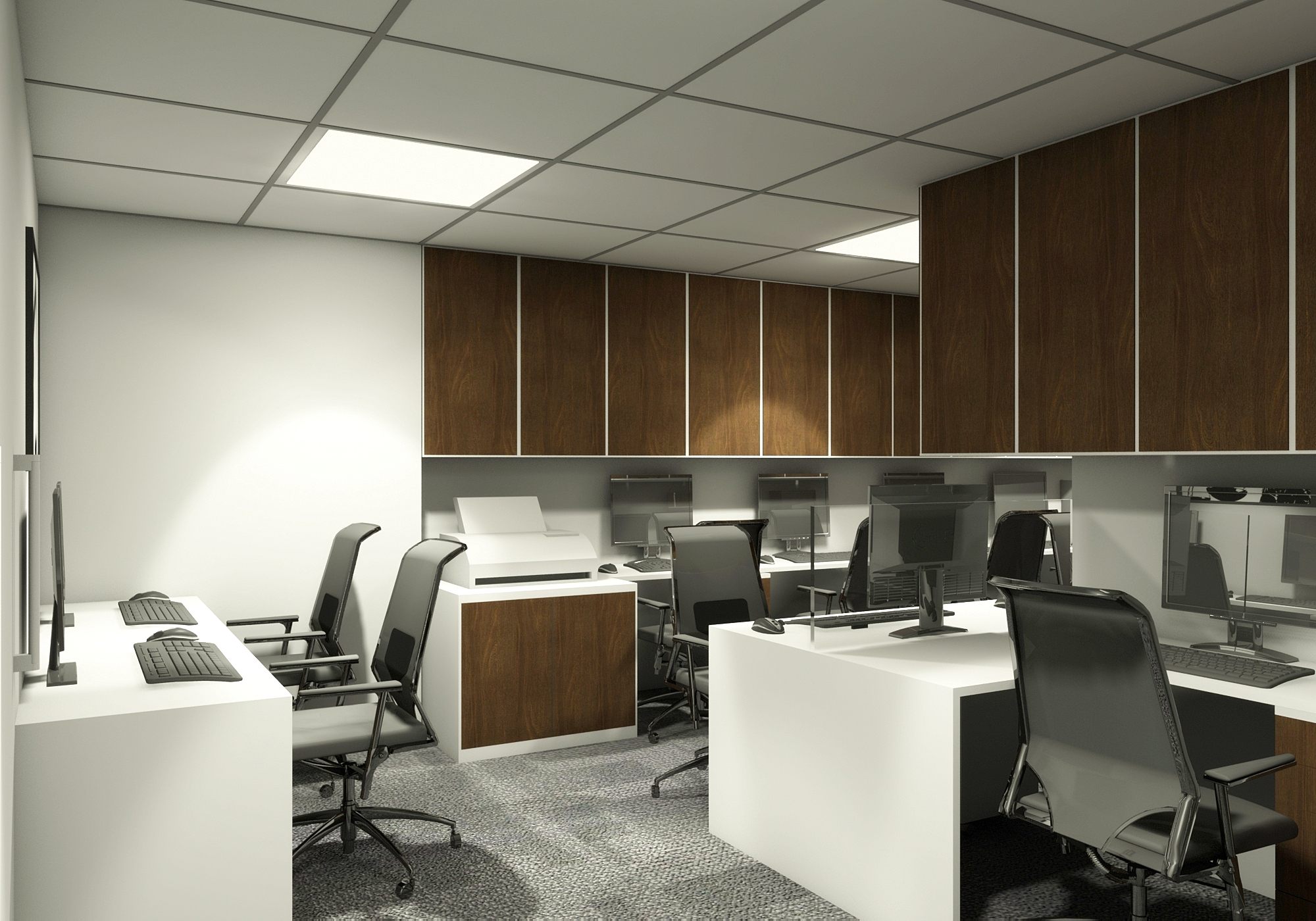Open-plan workstation bay with white desks, mesh task chairs and walnut overhead storage.