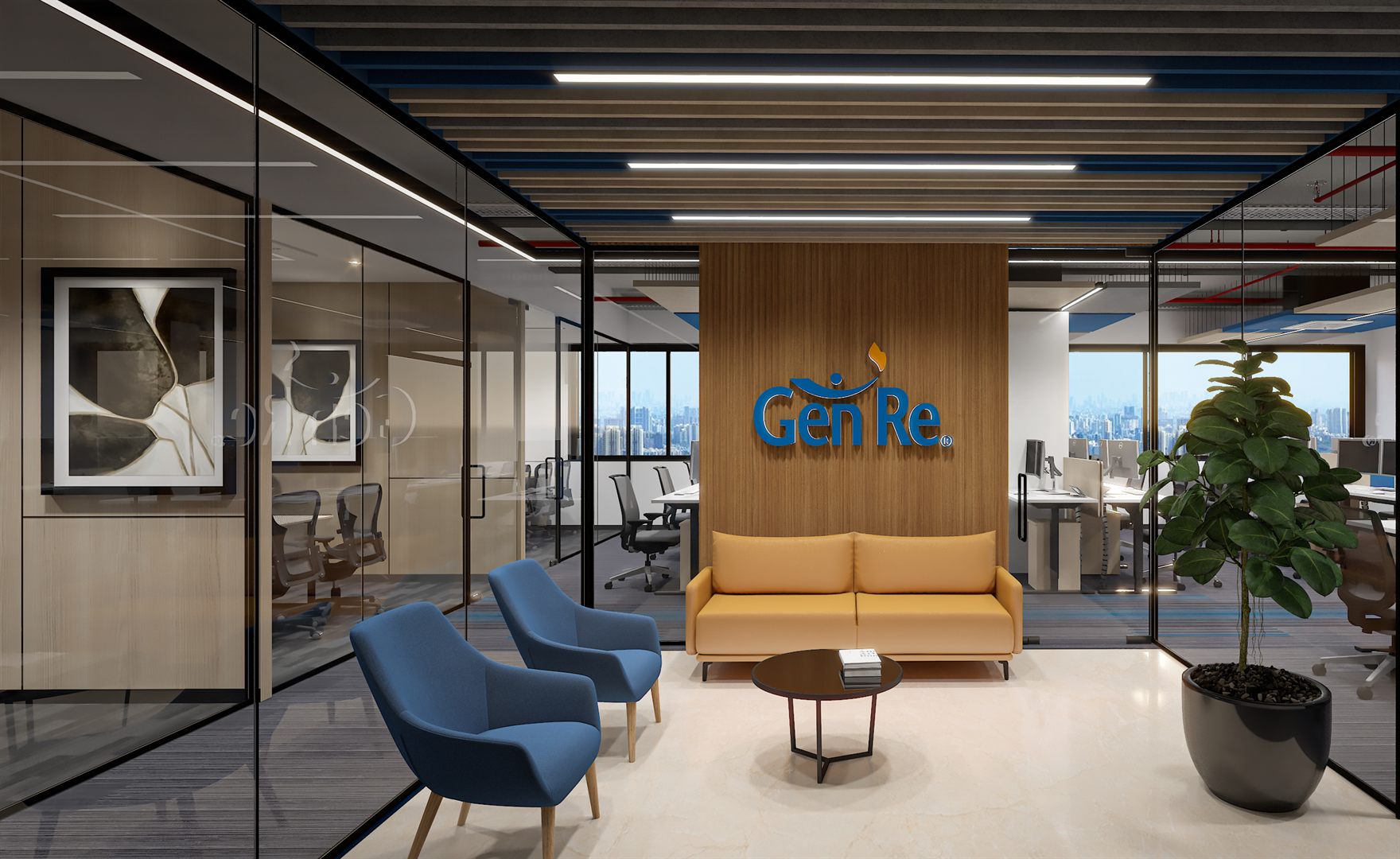 Reception lounge with the Gen Re logo on an oak-veneer feature wall, mustard sofa and blue armchairs