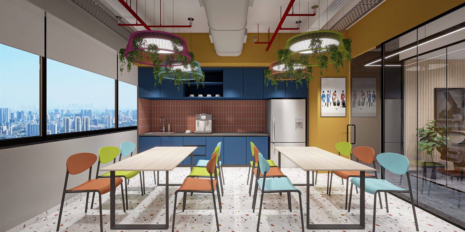Open-plan workstations under exposed red-piped services, with a yellow motivational graphic wall