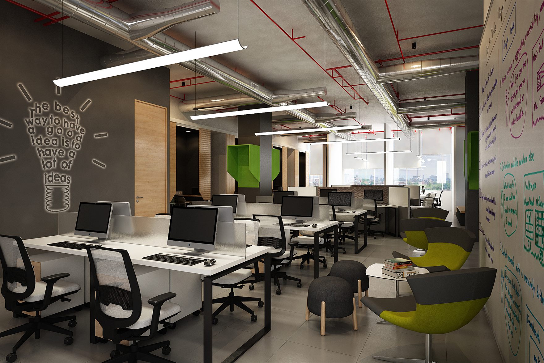 Incubation-centre render of open desks with iMacs under exposed services and a red conduit ceiling, a lightbulb graphic wall and lime-and-grey lounge chairs beside a whiteboard wall
