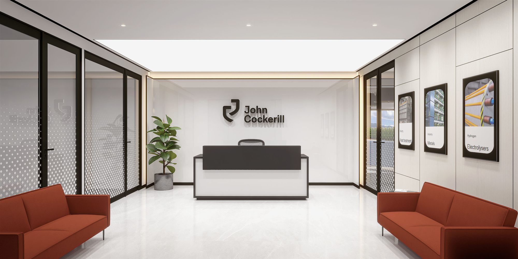 Reception with John Cockerill logo wall, rust banquettes and a glass meeting room beyond.