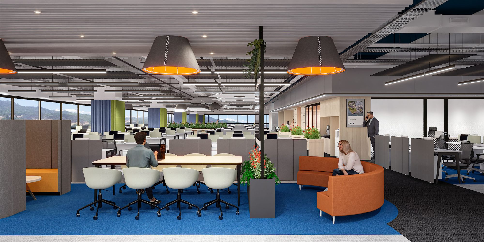 Expansive open-plan workstation floor with green accent column, planter spines and panoramic glazing.