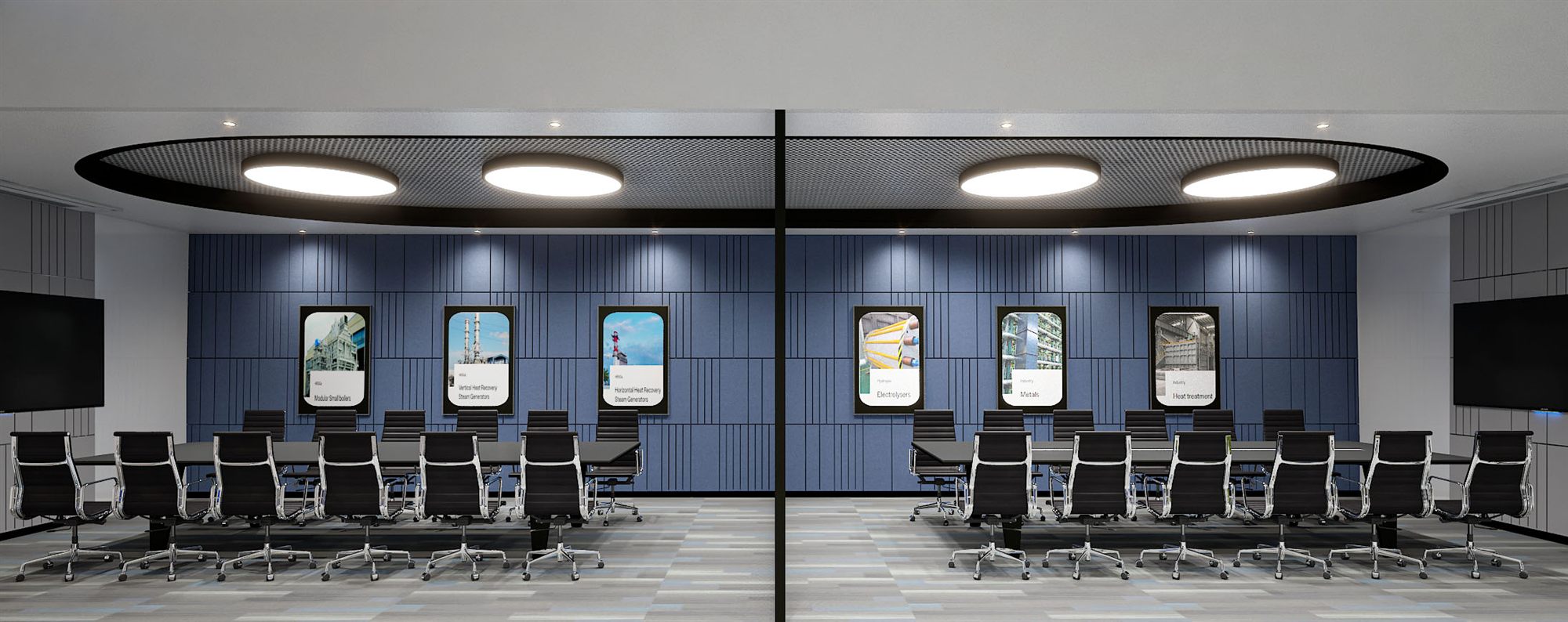 Twin conference rooms with oval ceiling rafts and blue panelled feature walls, shown as a split/mirrored render.