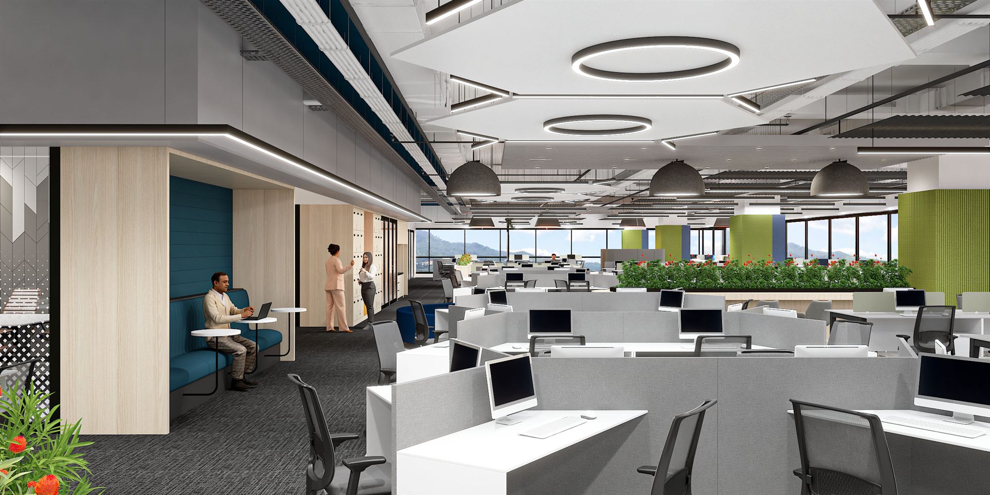 Workfloor edge with a blue Mercury Marine brand-history timeline graphic wall behind the desks.
