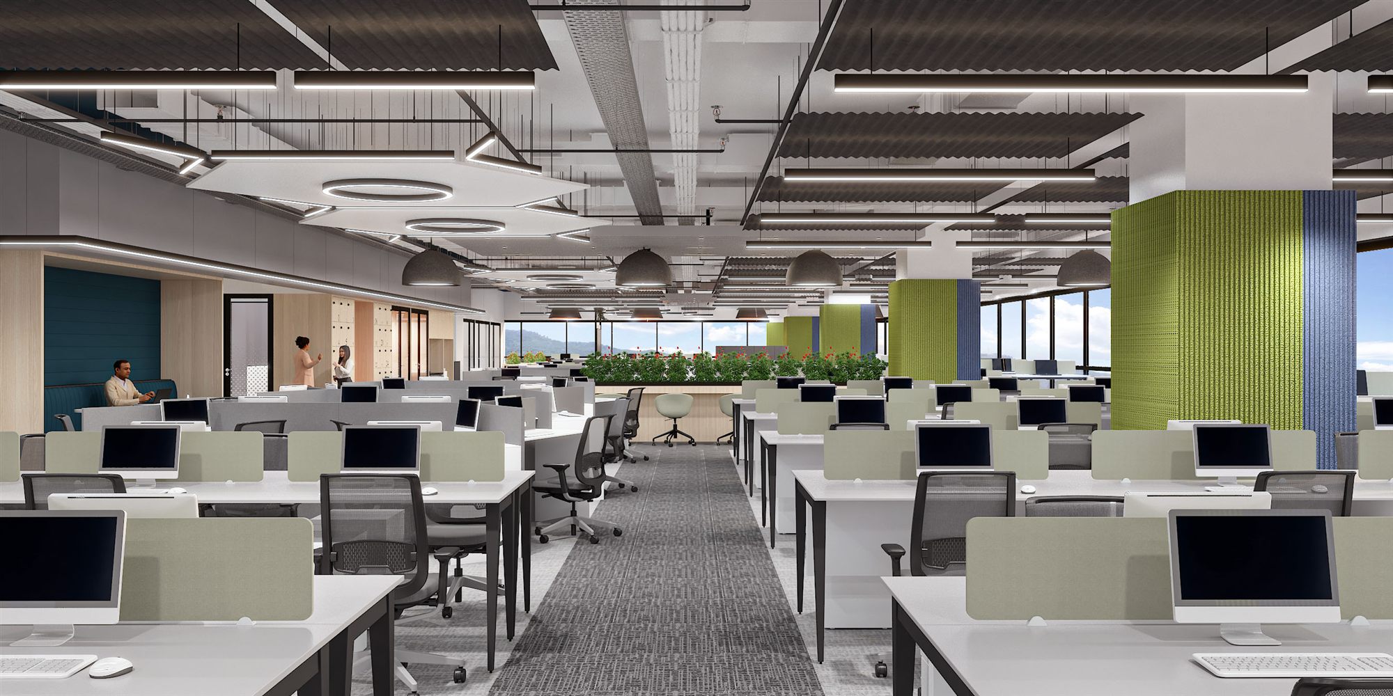 Activity-based work zone mixing a meeting table, orange-lit drum pendants and an upholstered lounge sofa.