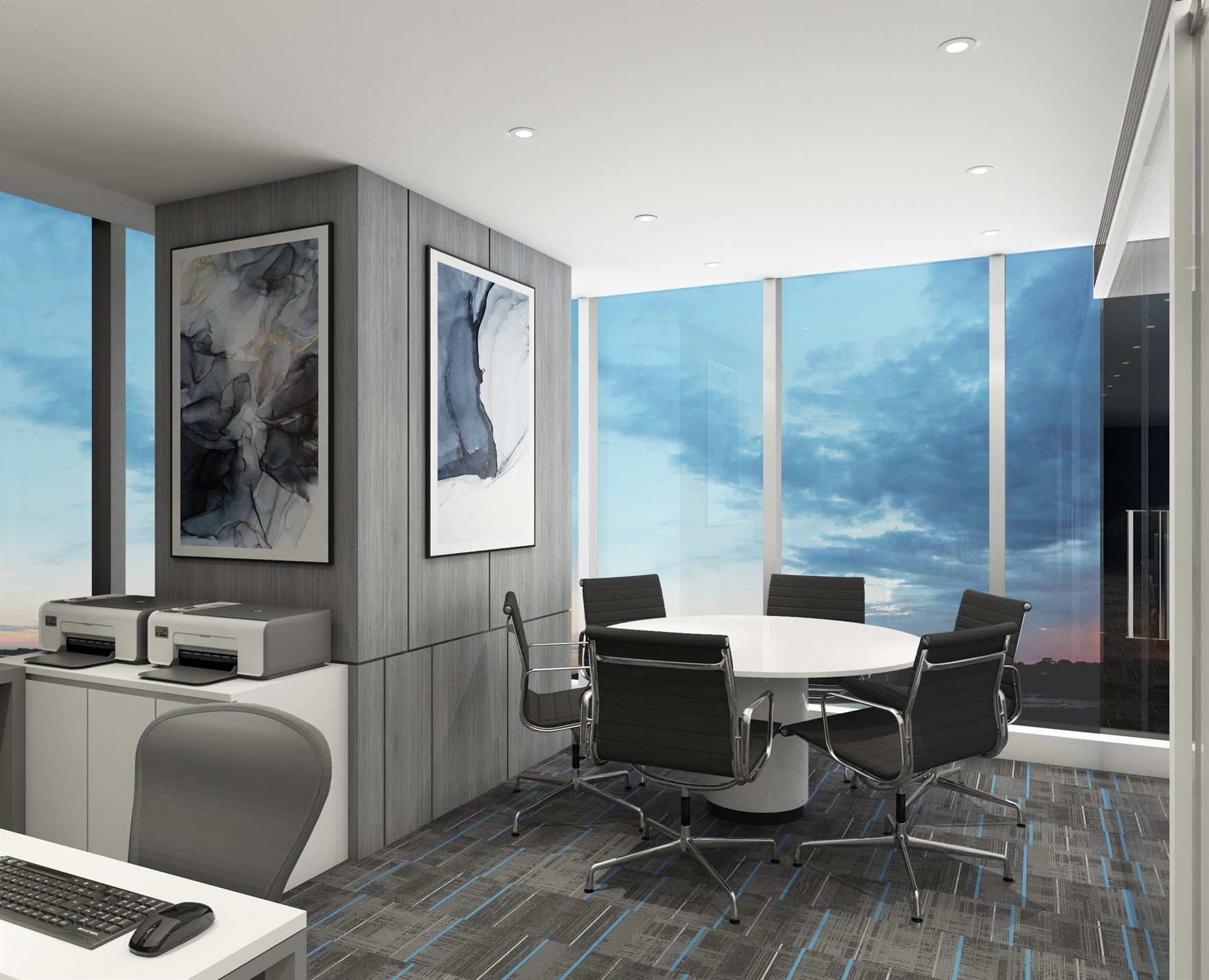 Rendered open office with white workstations and mesh chairs alongside a long meeting table of black chairs against grey wood panelling hung with blue abstract art