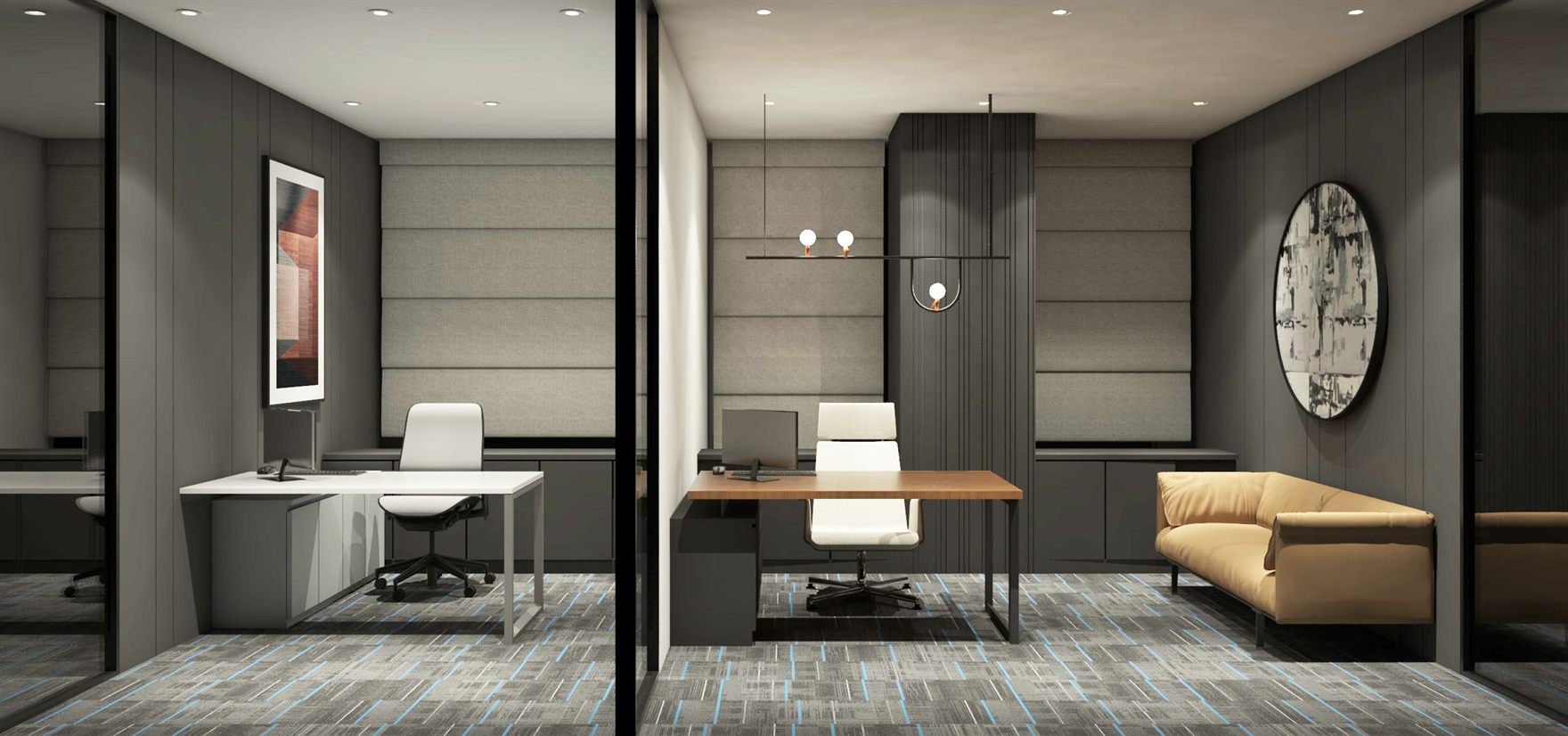 Rendered pair of director cabins with white executive desks, high-back chairs, upholstered grey feature walls and a tan leather sofa under a round abstract artwork