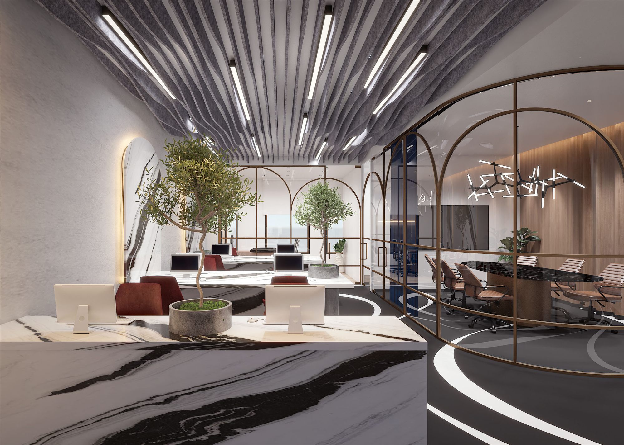 Signature wide view: flowing LED light-lines, burgundy chairs, marble desks and arched brass cabin under a wave ceiling.