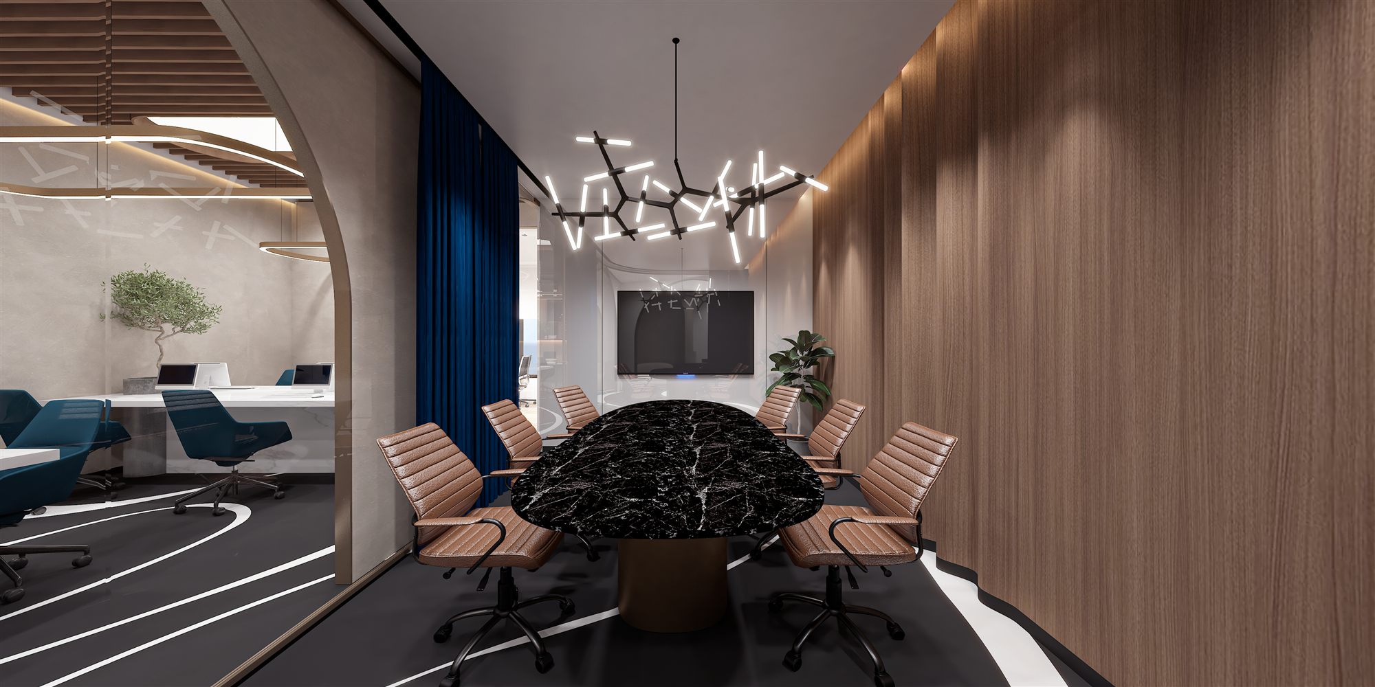 Conference cabin with a black-marble boardroom table, tan leather chairs, molecule-style linear chandelier and walnut wall.