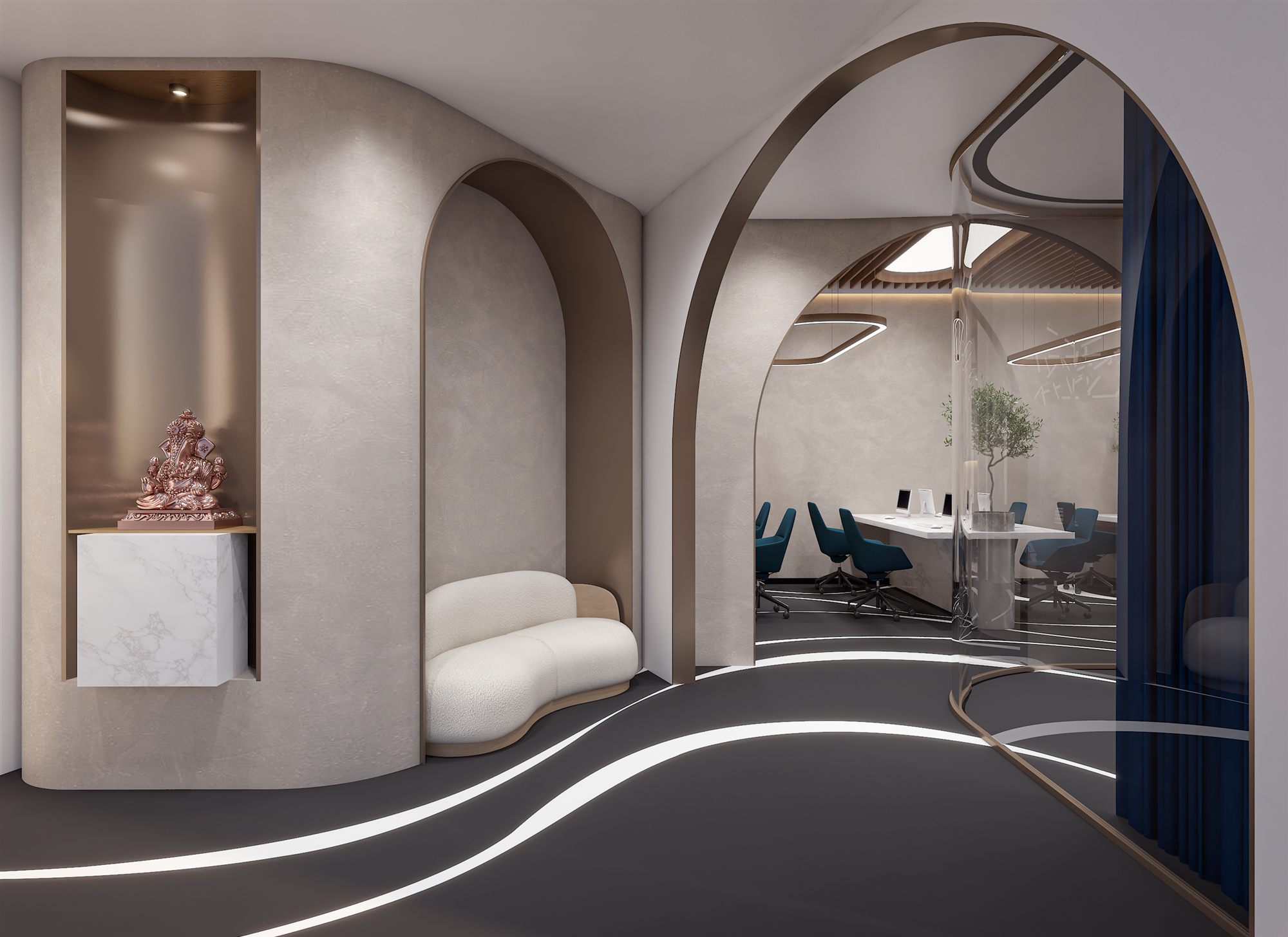 Arched lounge with curved bouclé sofa, niche shelving and a Ganesh mandir, opening to the meeting room (teal scheme).
