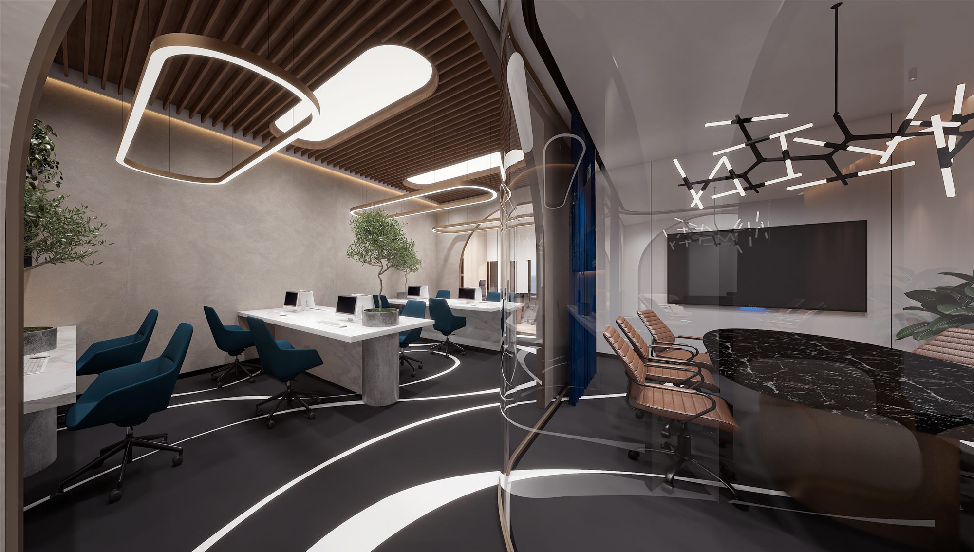 Wide-angle workspace with slatted wood ceiling, curved glazing and the conference cabin visible through a brass screen.