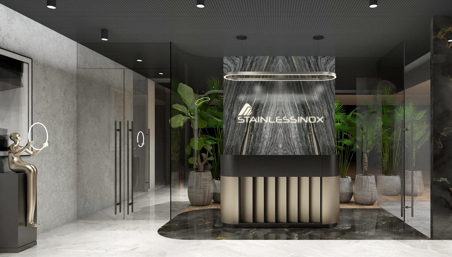 Reception with a fluted champagne-metal desk beneath a black-veined stone backdrop carrying the Stainlessinox logo, lit by a ring pendant