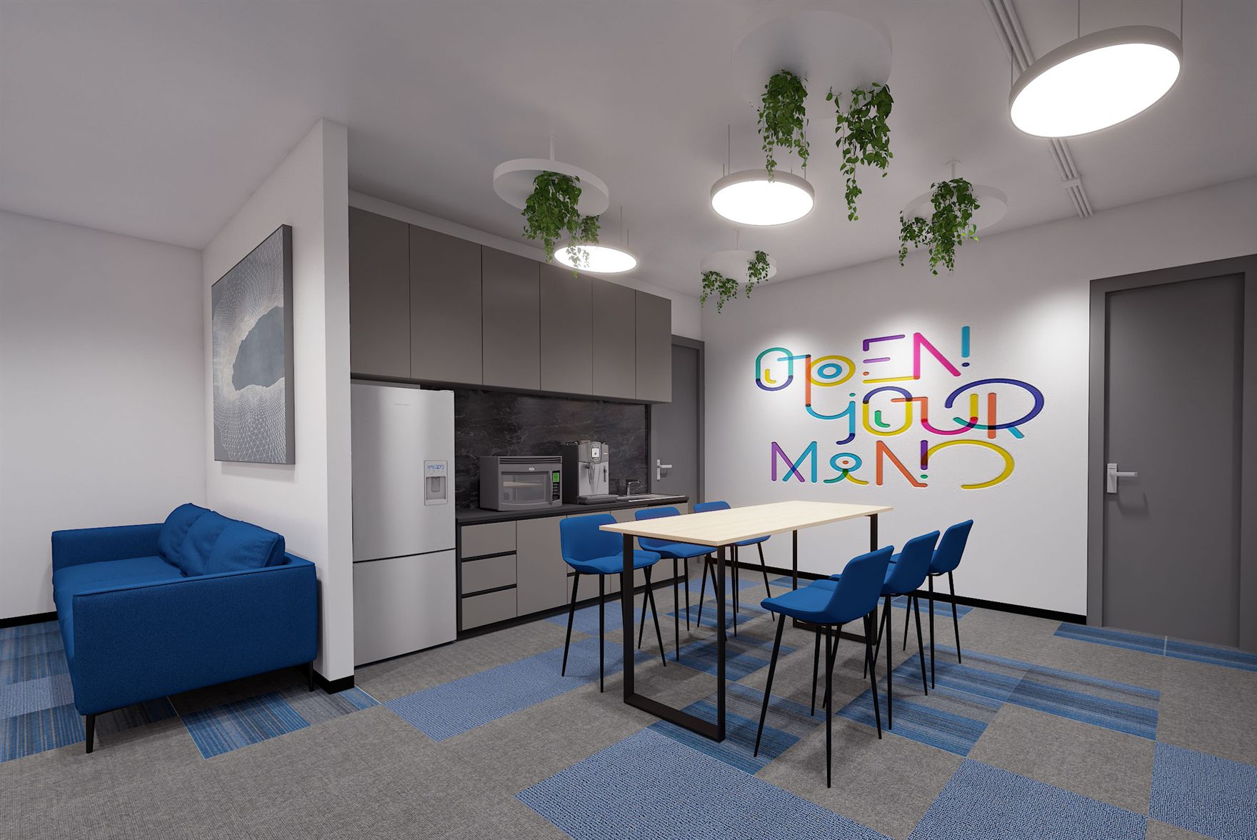 Open workstations with white desks, black mesh chairs, blue-striped carpet tiles and a dotted glass meeting pod