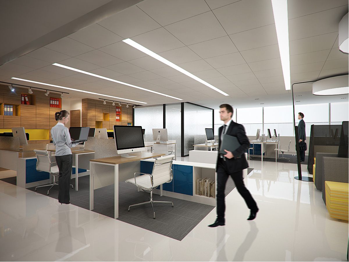 Open-plan workstations with blue-accented desks, timber-slat wall and linear ceiling lighting.