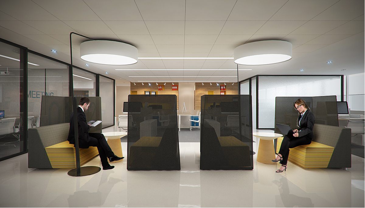 Breakout/collaboration zone with upholstered high-back pods and pendant drum lights beside the open workspace.