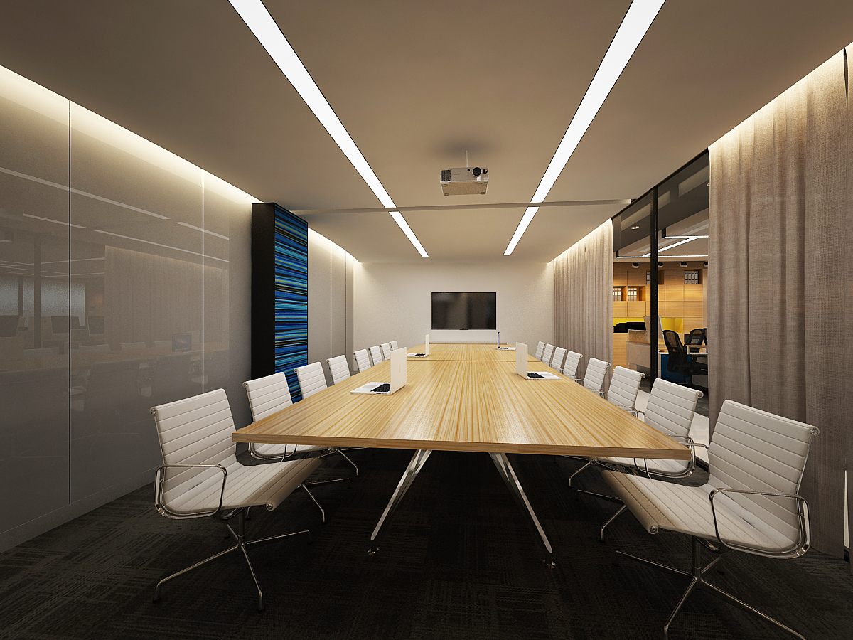 Boardroom with timber conference table, white leather chairs, recessed cove lighting and a blue back-painted glass feature.