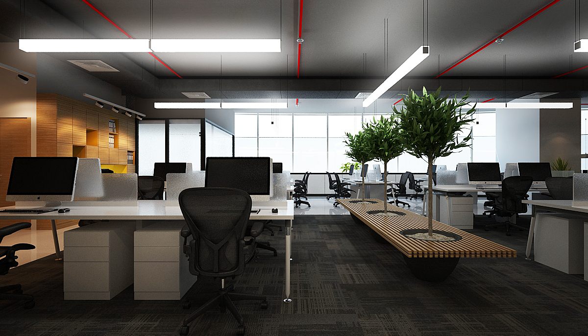 Open-plan office with planted timber bench, white desks and warm wood storage wall against floor-to-ceiling glazing.