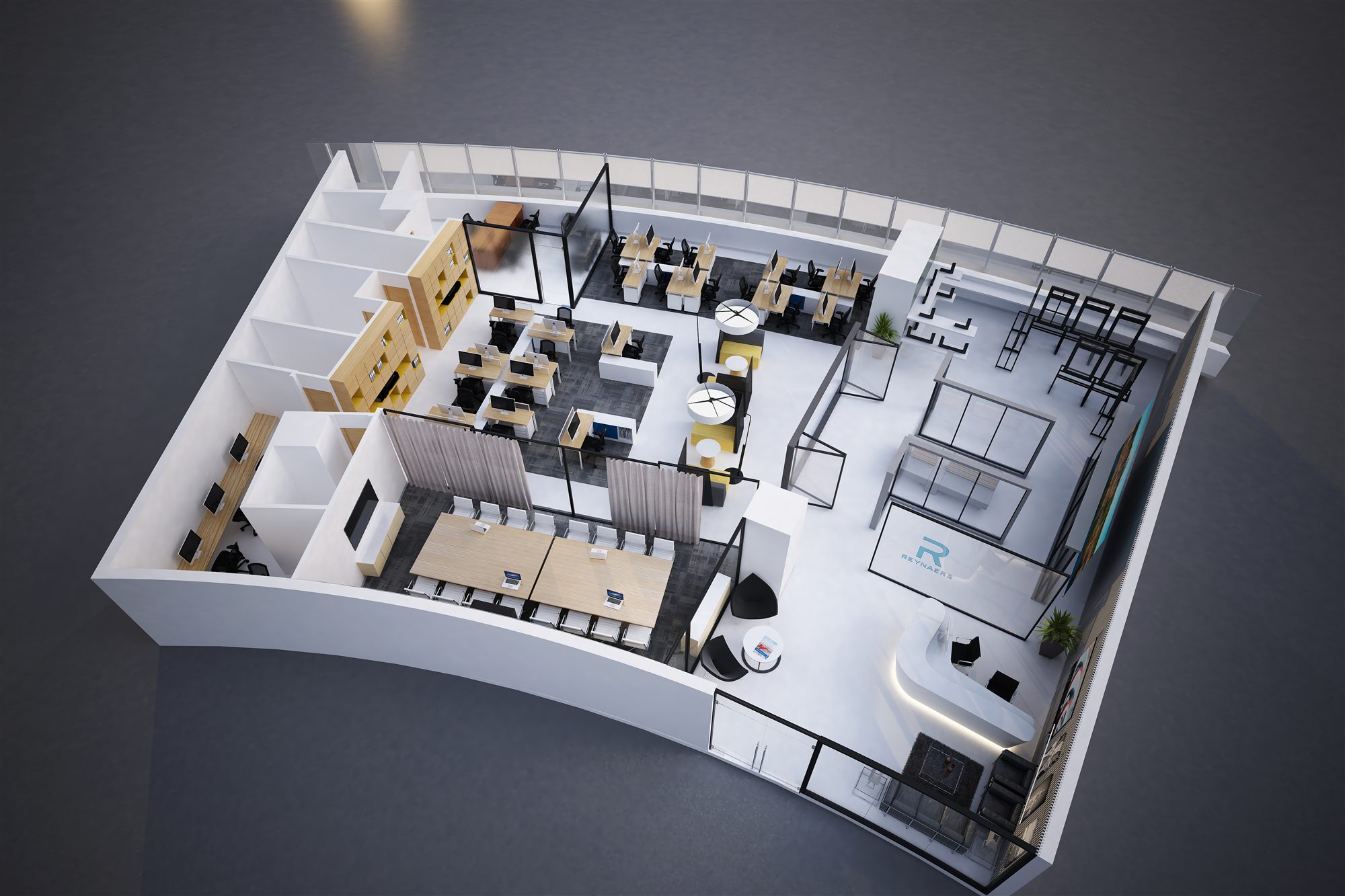 Cutaway bird's-eye render of the full office plan on its curved boomerang-shaped floor plate, showing reception, workstations and meeting zones.