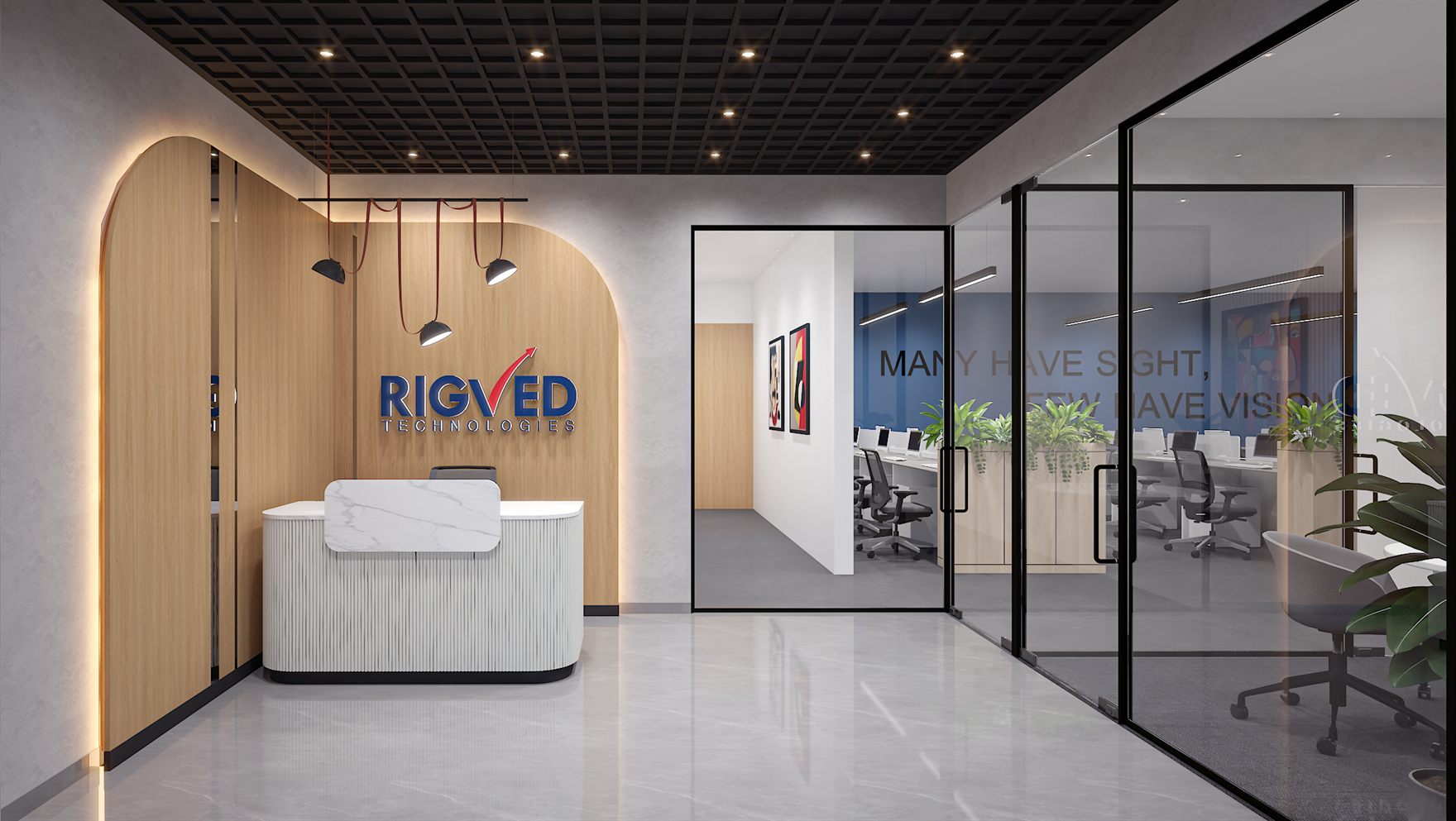 Reception with the Rigved Technologies logo on an arched oak wall, white marble and fluted-wood desk, coral sofa, cubist paintings and hanging pendant lamps under a black grid ceiling