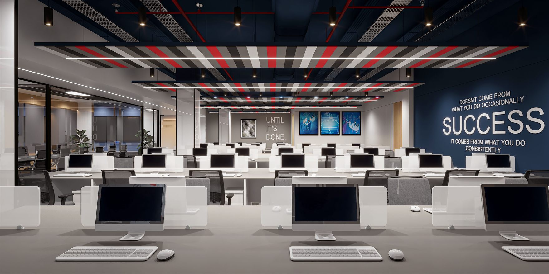 Reception view with the Rigved logo on oak panelling, marble reception desk, red pendant lamps and glass partitions revealing workstations and a MANY HAVE SIGHT wall graphic