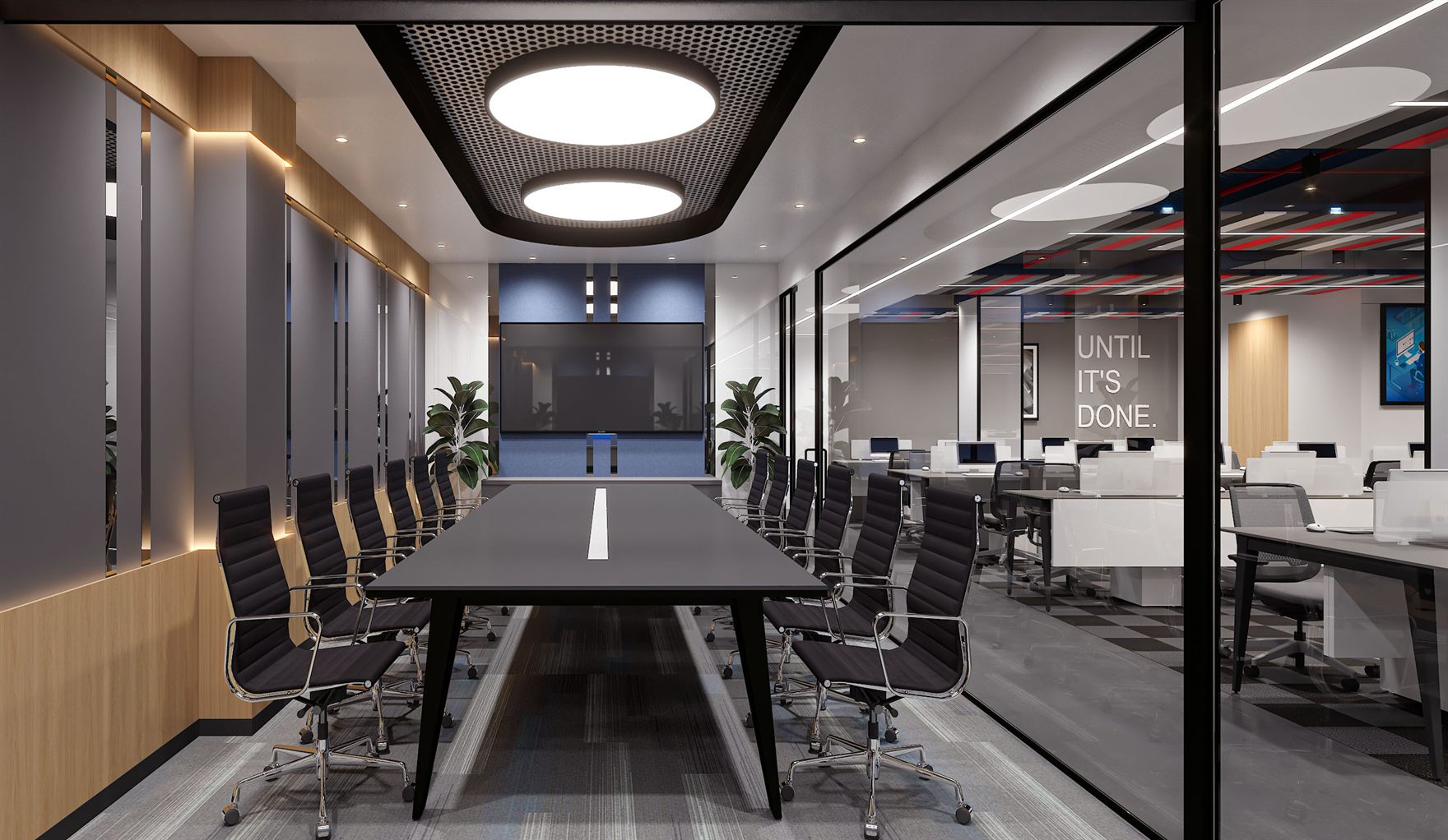 Wide workstation floor with rows of iMac desks, a striped red-and-grey ceiling feature, navy SUCCESS wall text and framed abstract art beyond