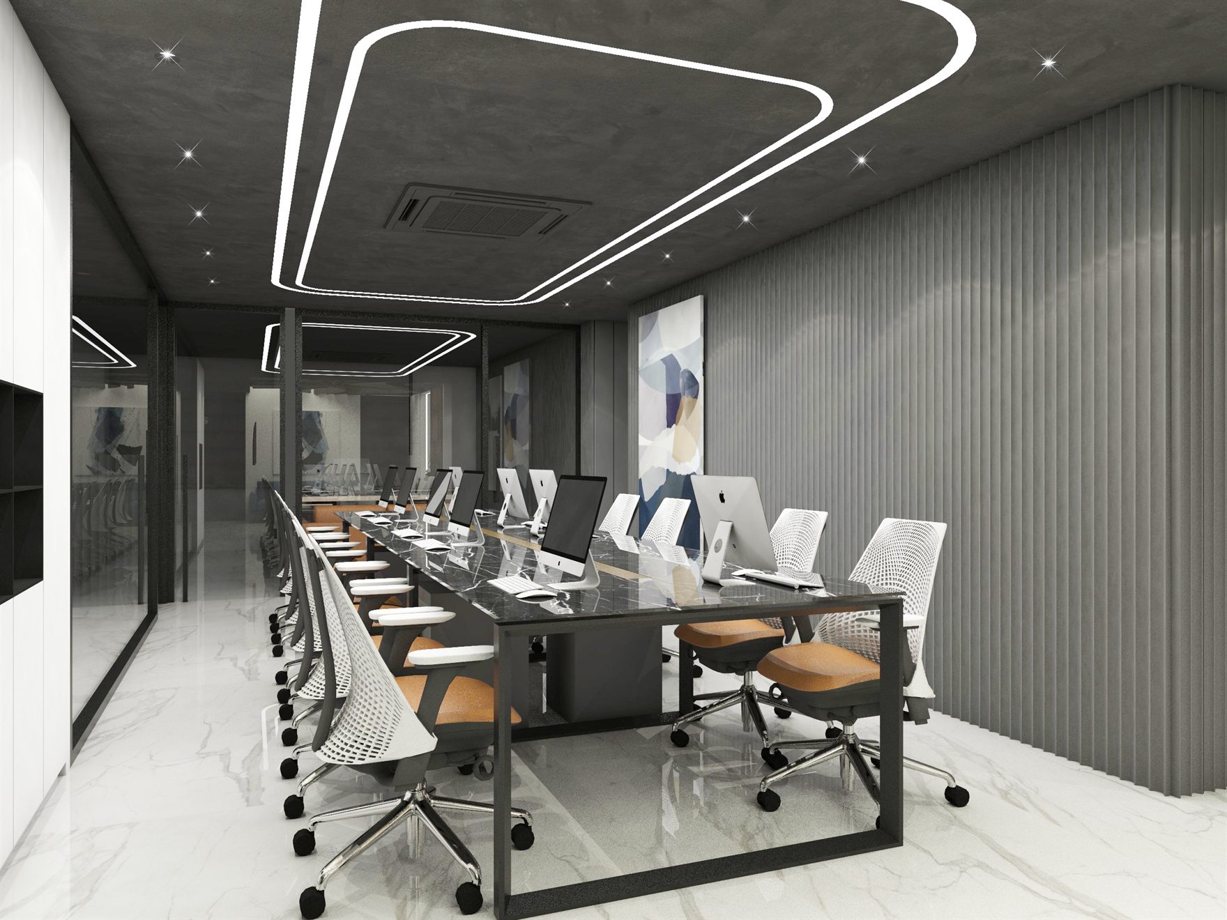 Long open workstation with a black marble-top bench desk, iMacs, white perforated task chairs with tan seats, illuminated line-light ceiling and grey fluted wall over white marble floor