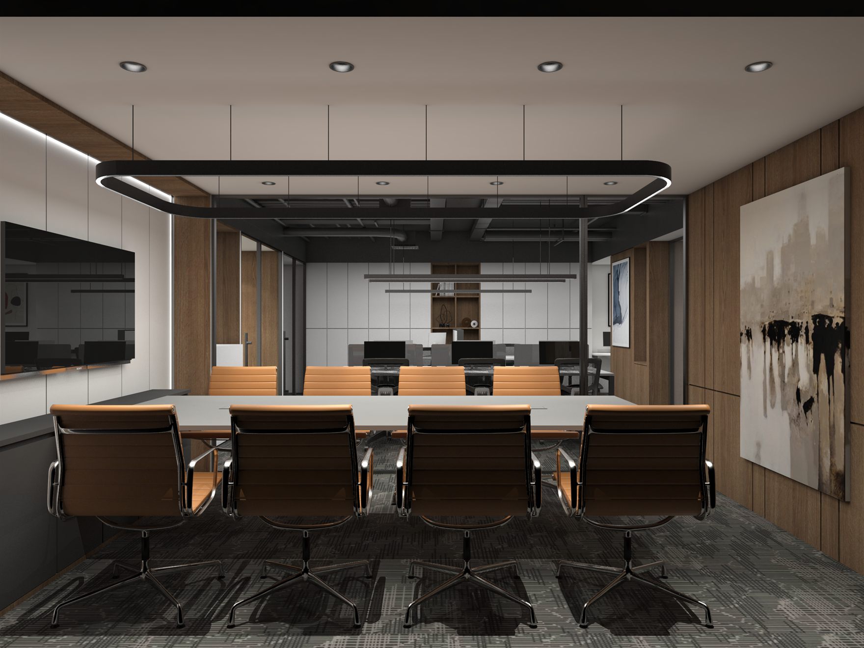 Boardroom with white table and tan leather Eames-style chairs under a black oval ring pendant, wood panelling, wall TV and large abstract artwork