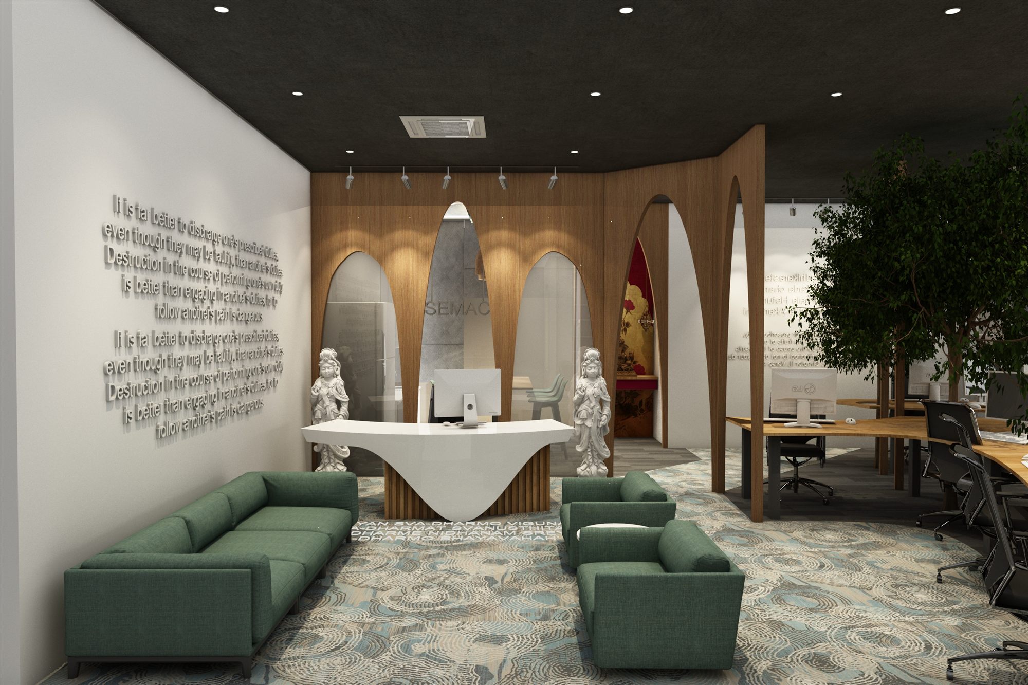 SEMAC reception with a sculptural white curved desk, arched wood portals, sacred statuary and green lounge seating over terrazzo flooring.