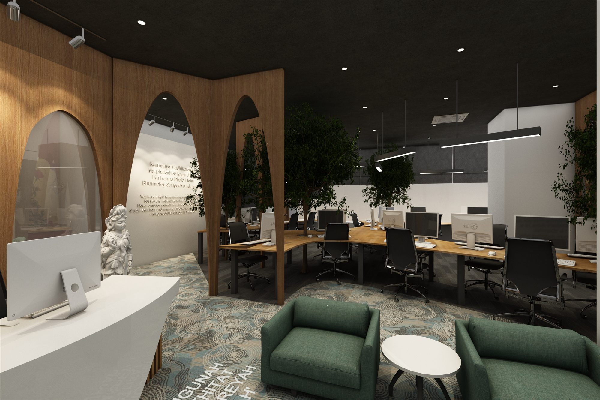 View from reception into the open-plan workstation bay, framed by arched wood portals, planting and green lounge chairs.