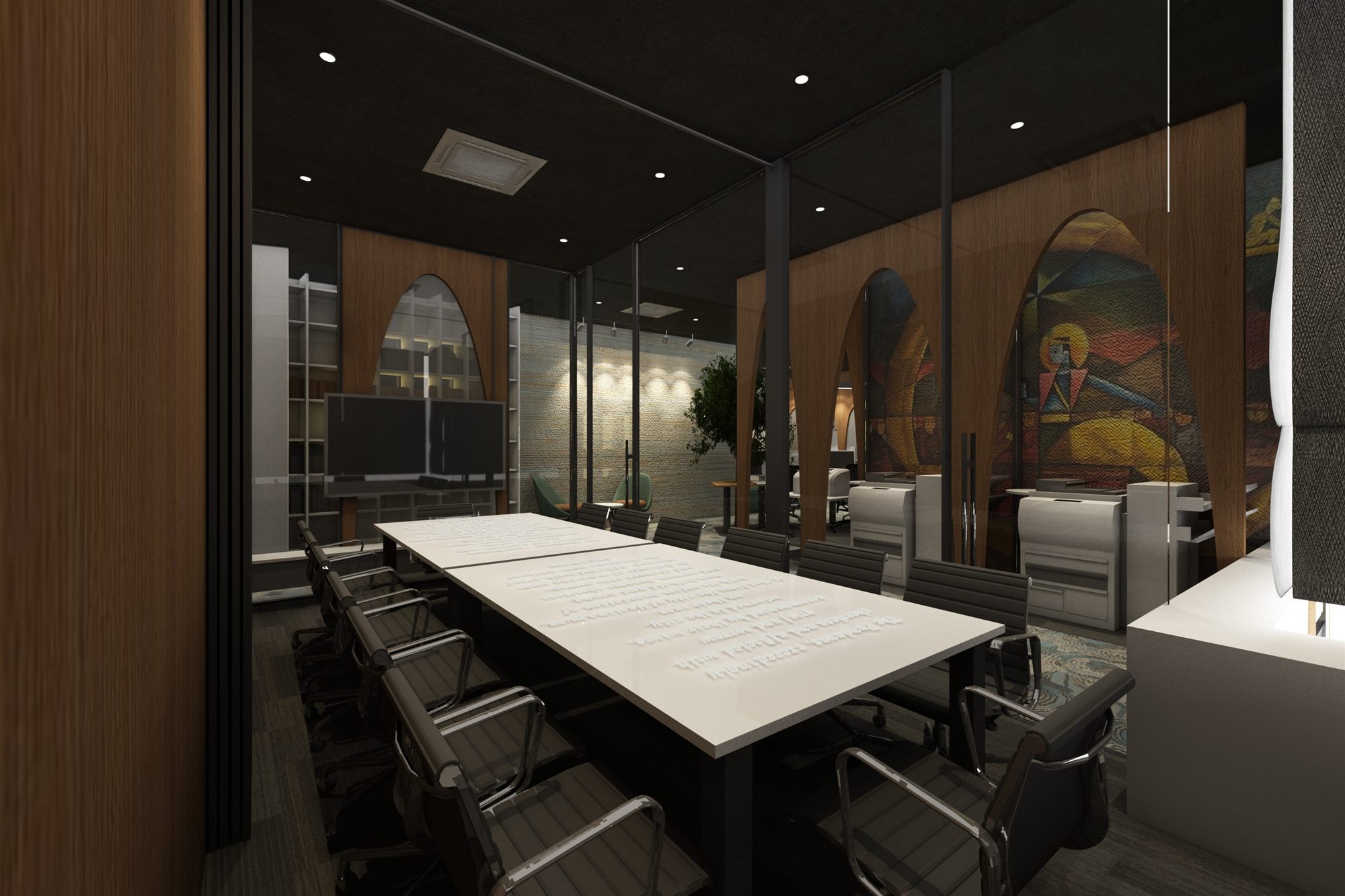 Glass-walled conference room with a long white table, leather chairs, wall display and stained-glass-style art panels.