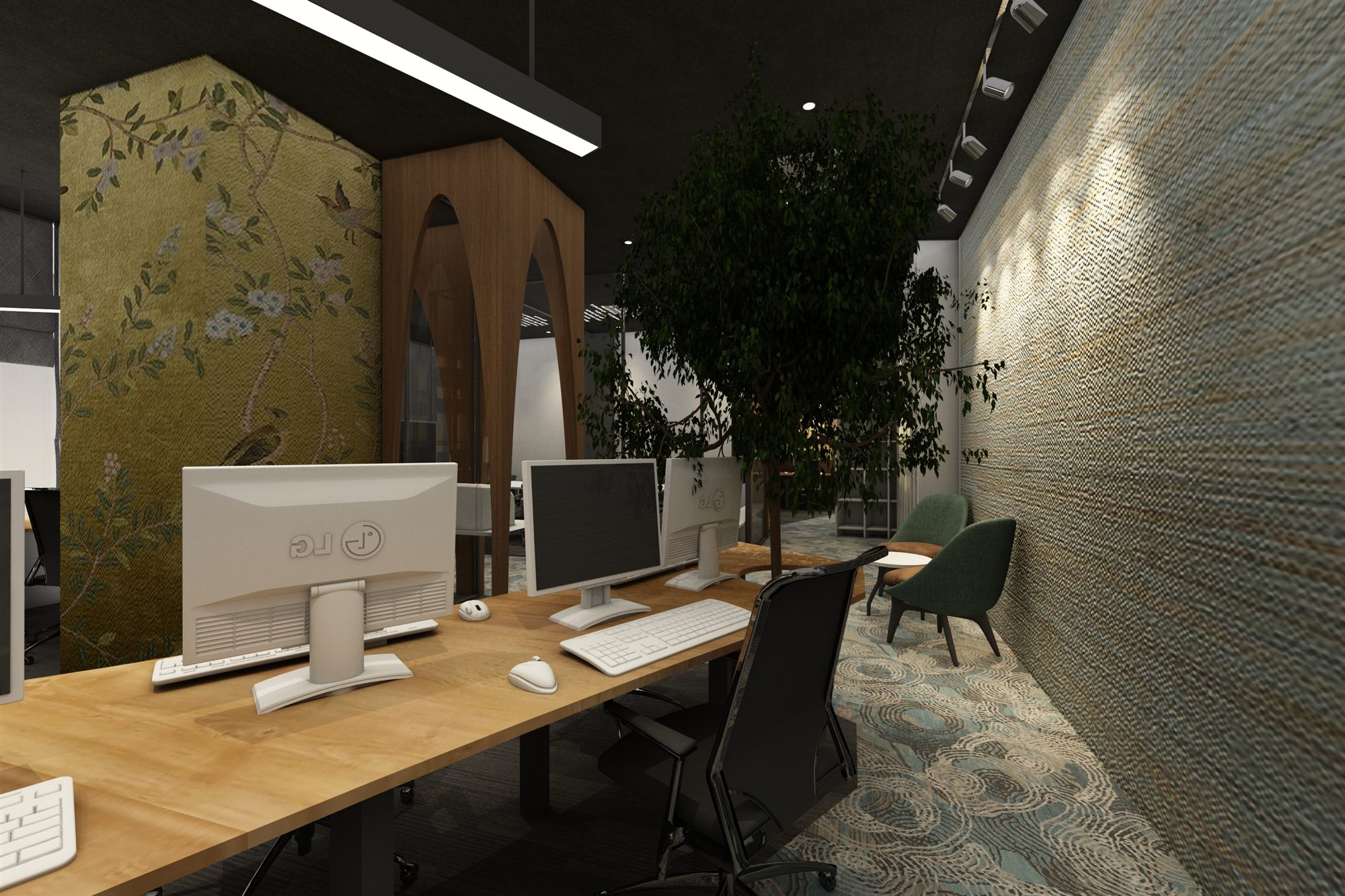 Workstation desks beside a botanical chinoiserie feature wall and textured stone surface, with arched wood portal beyond.