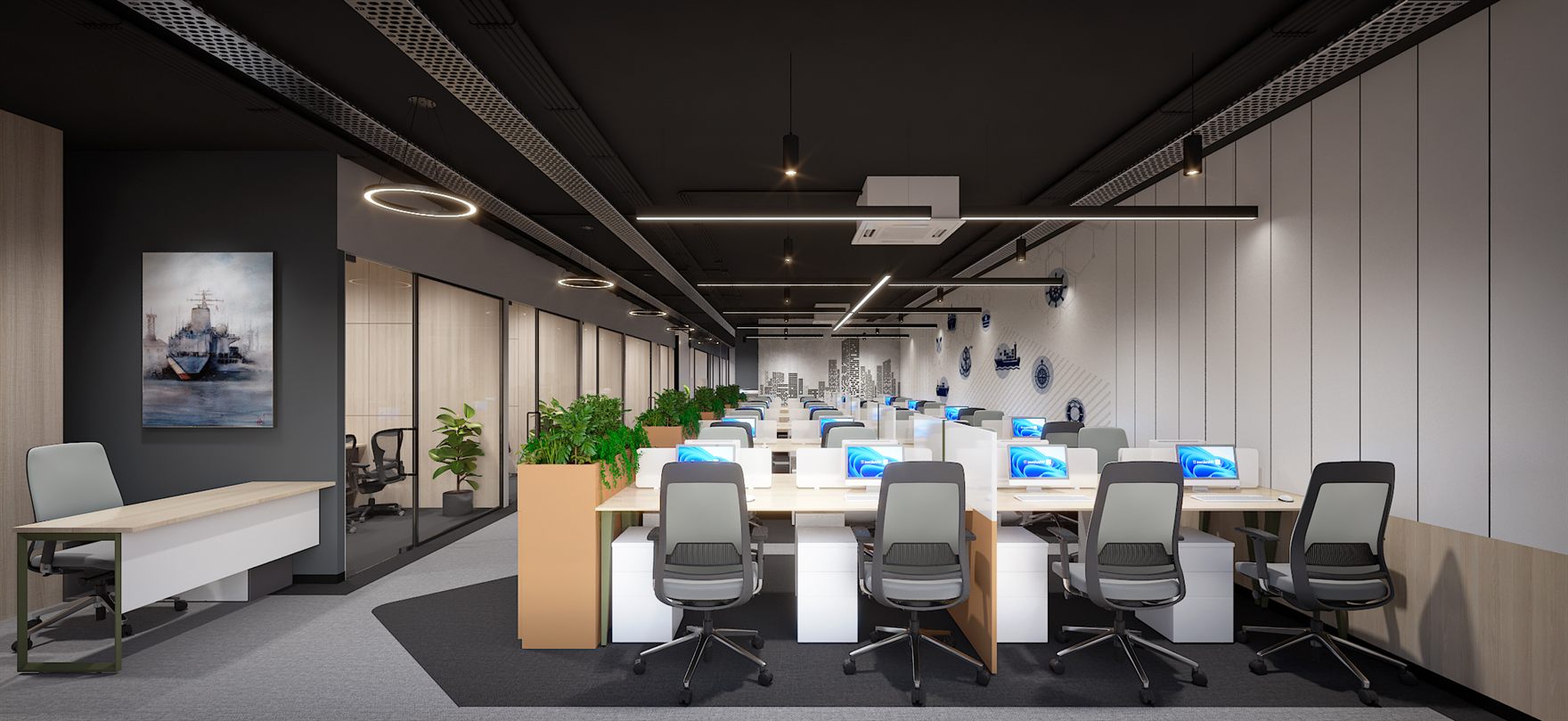 Workstation aisle with tan planter dividers of trailing greenery, circular ring pendant lights, glass cabin partitions and a floor-to-ceiling city view