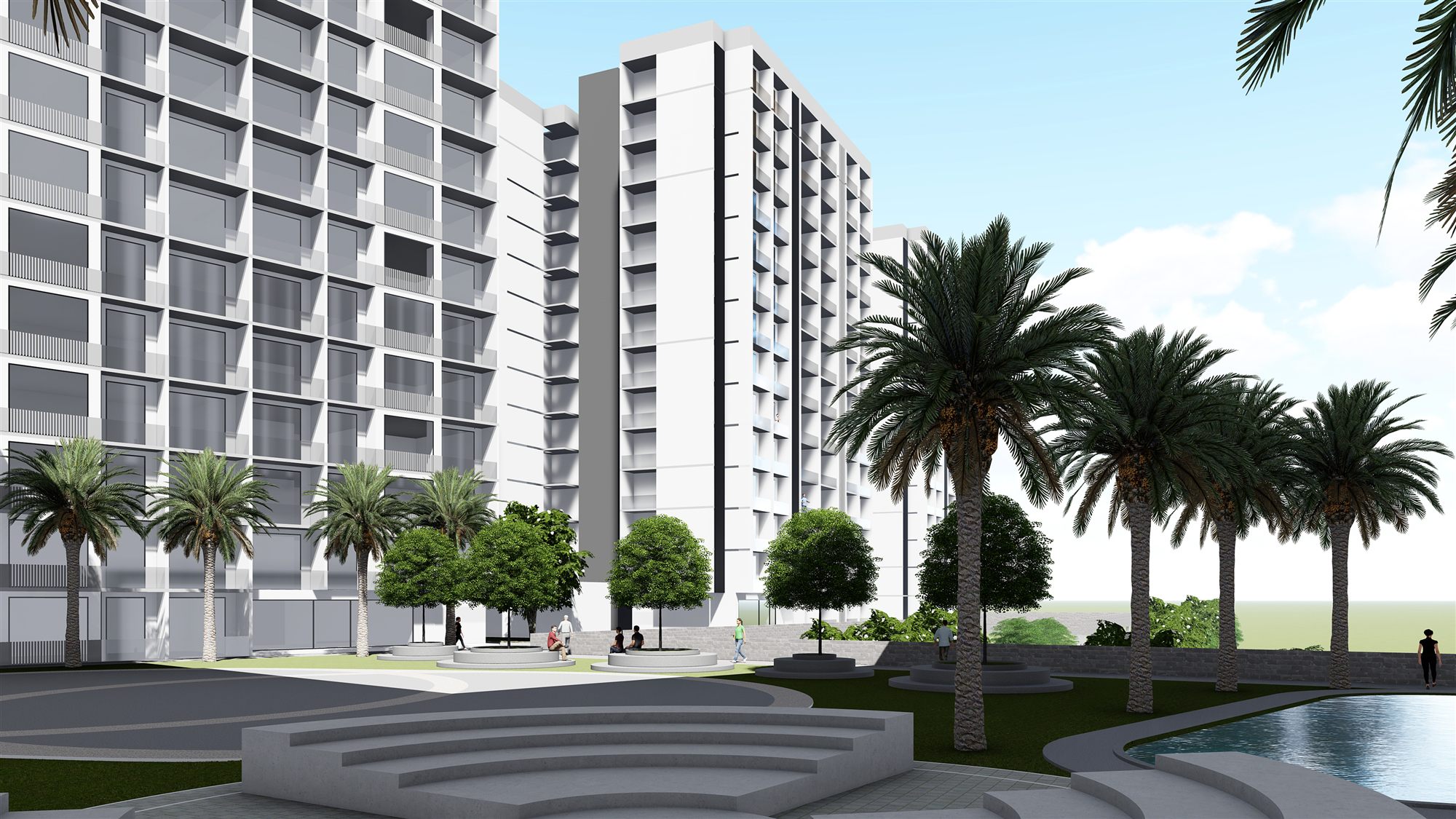 Tower base and amphitheatre-style landscaped deck lined with date palms and a pool edge.