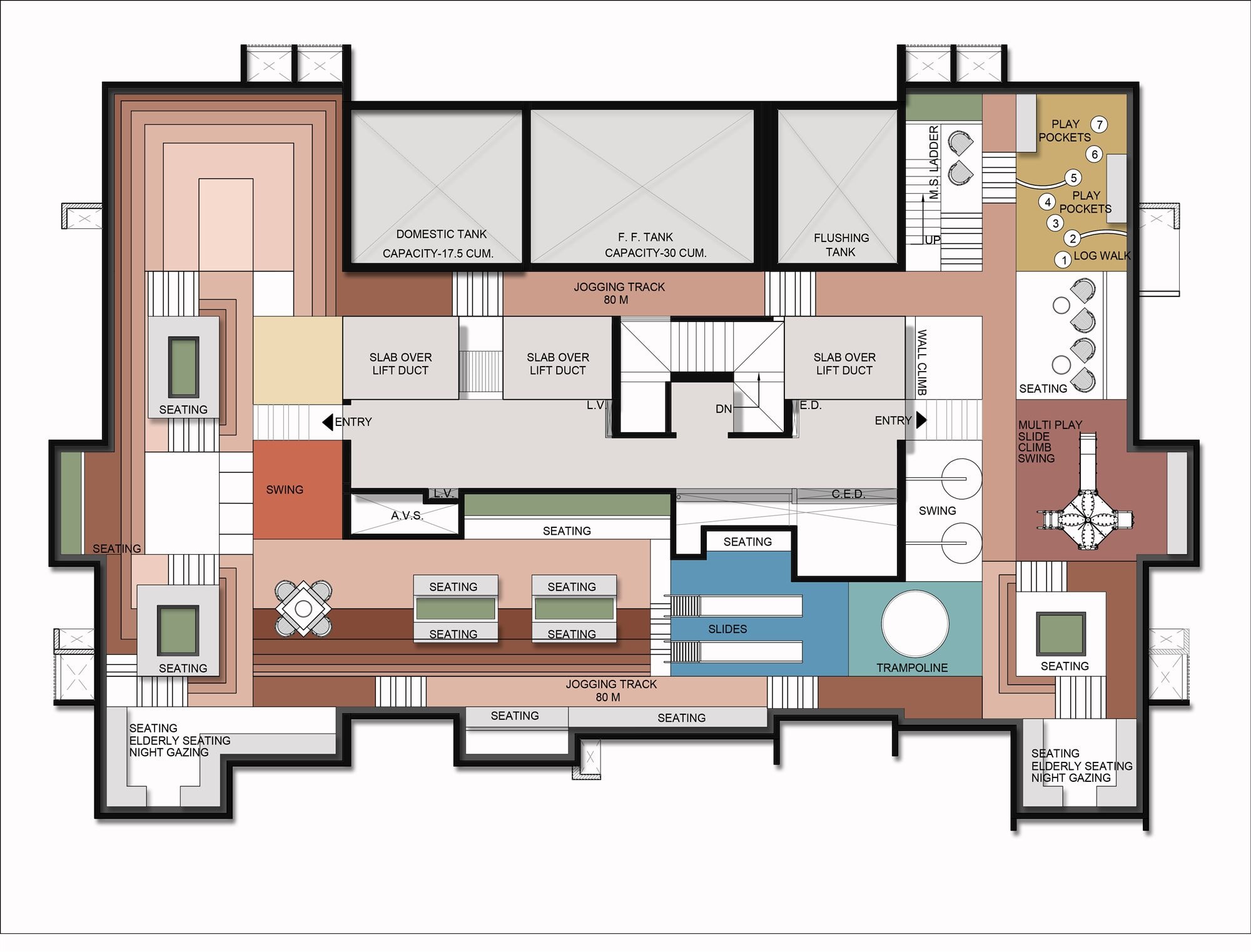 Detailed Pantnagar terrace plan with jogging track, slides, trampoline, swings and elders' night-gazing seating.