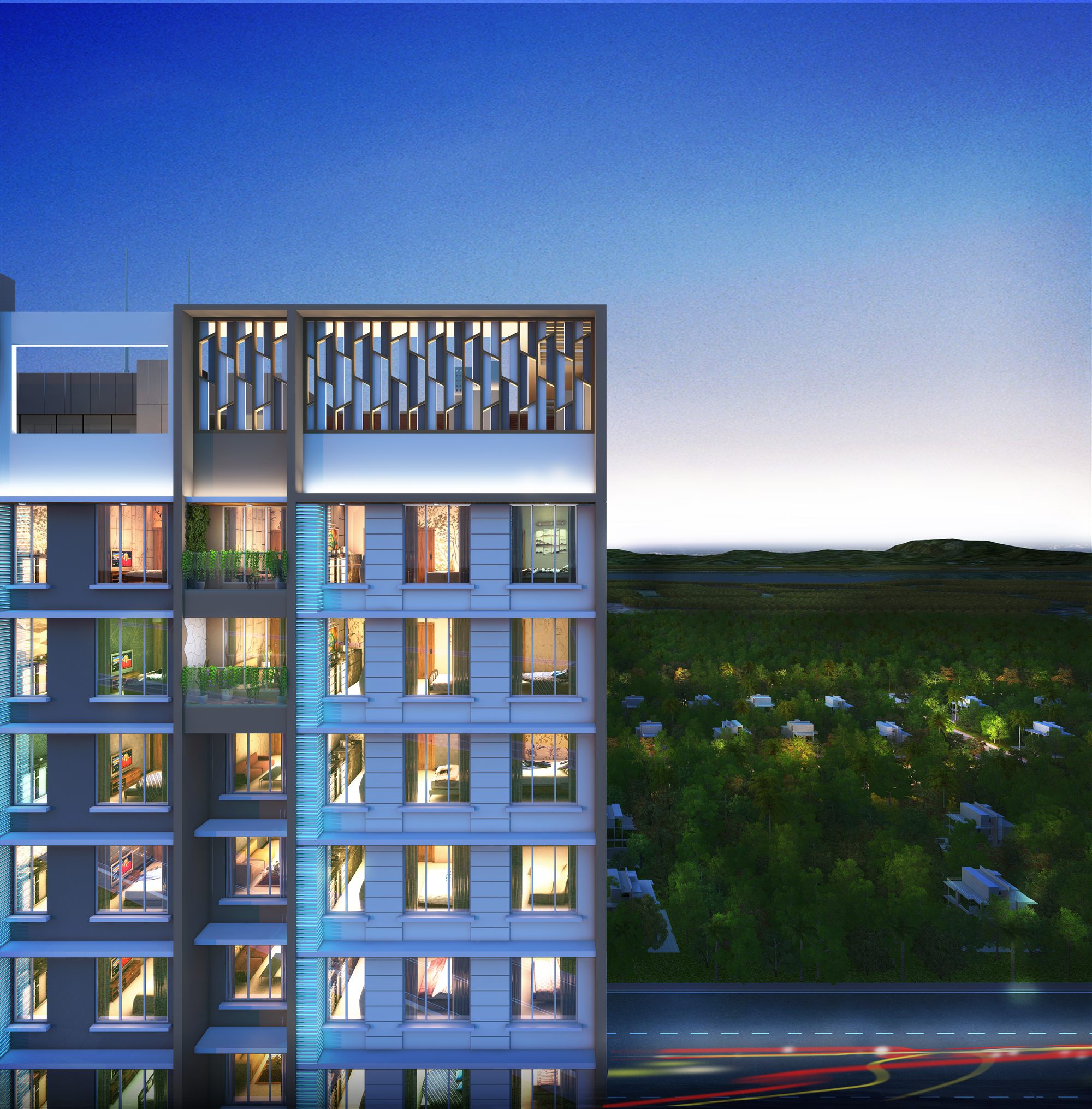 Dusk render of the tower's lit balconies and a screened sky-deck crown above a green setting.