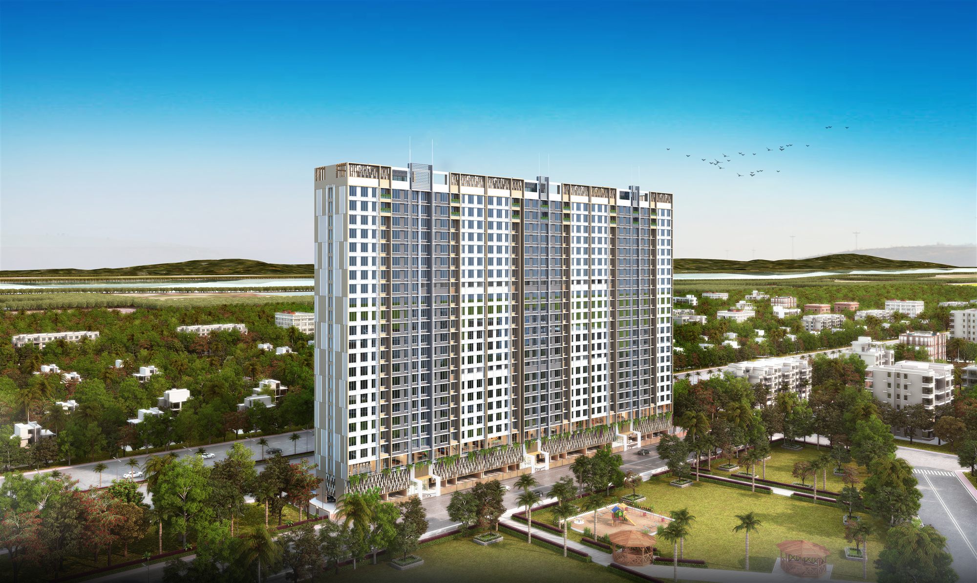 Aerial view of the tower complex set within landscaped grounds and surrounding greenery.